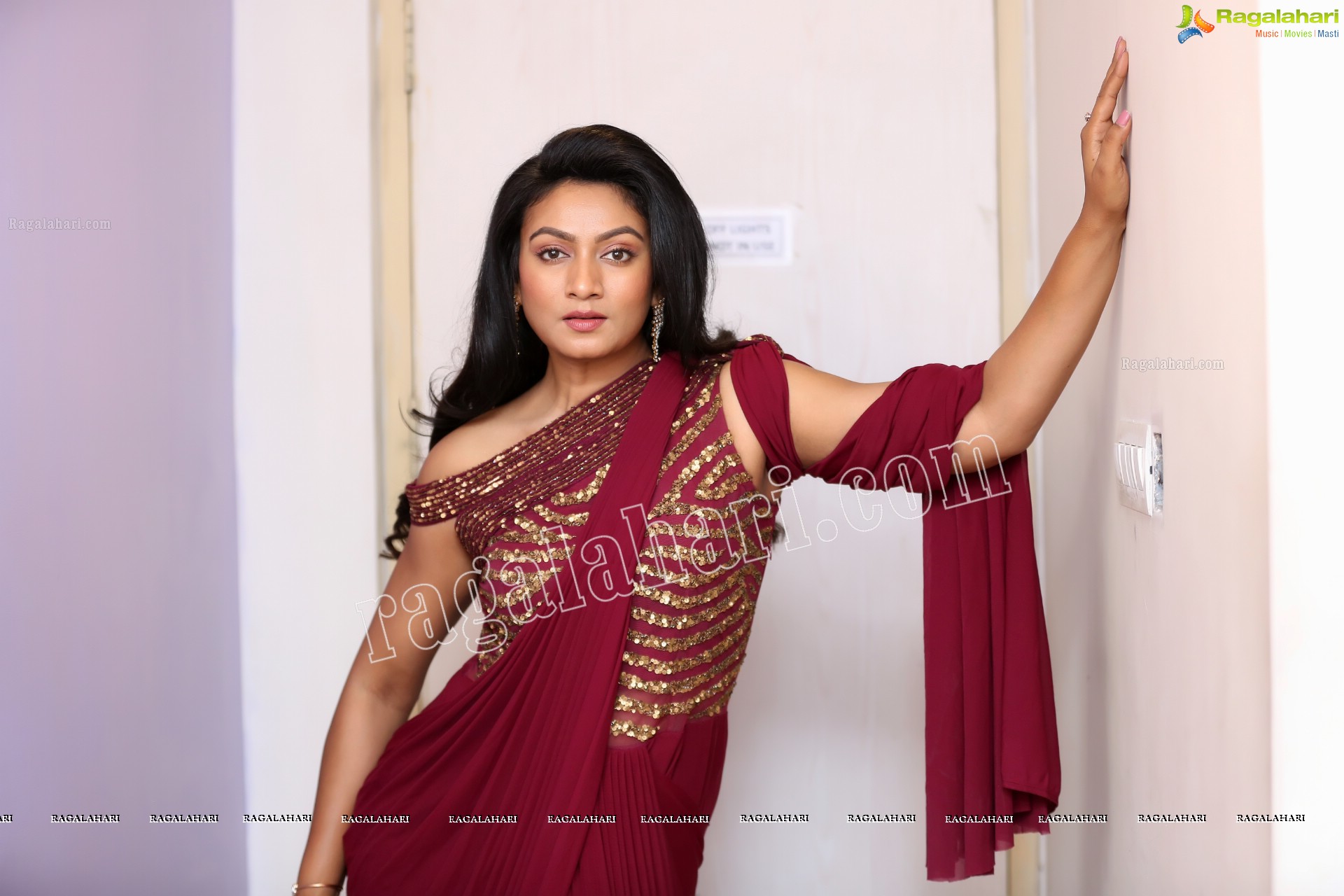 Ashmitha Karnani in Maroon Georgette Saree Exclusive Photo Shoot