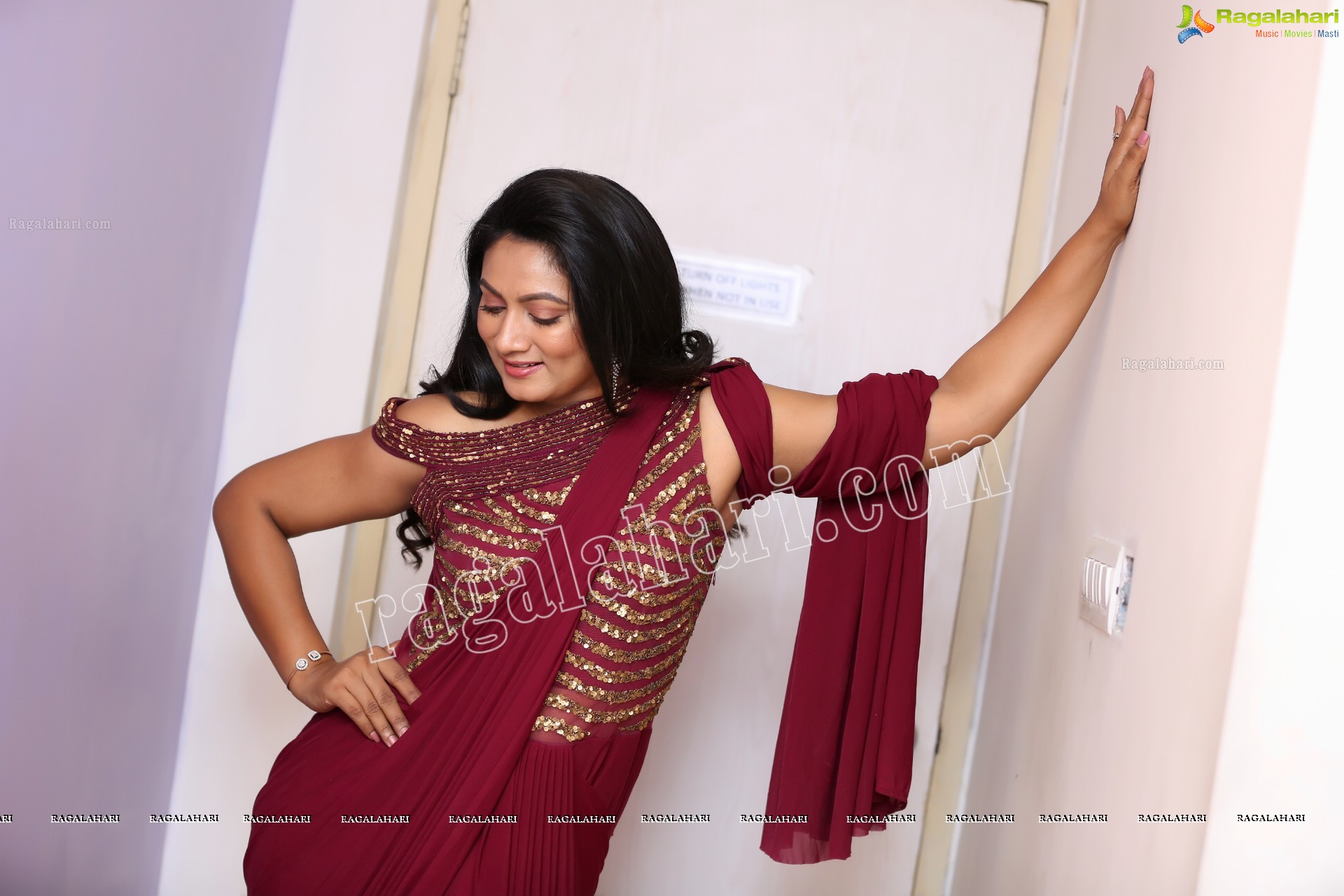 Ashmitha Karnani in Maroon Georgette Saree Exclusive Photo Shoot