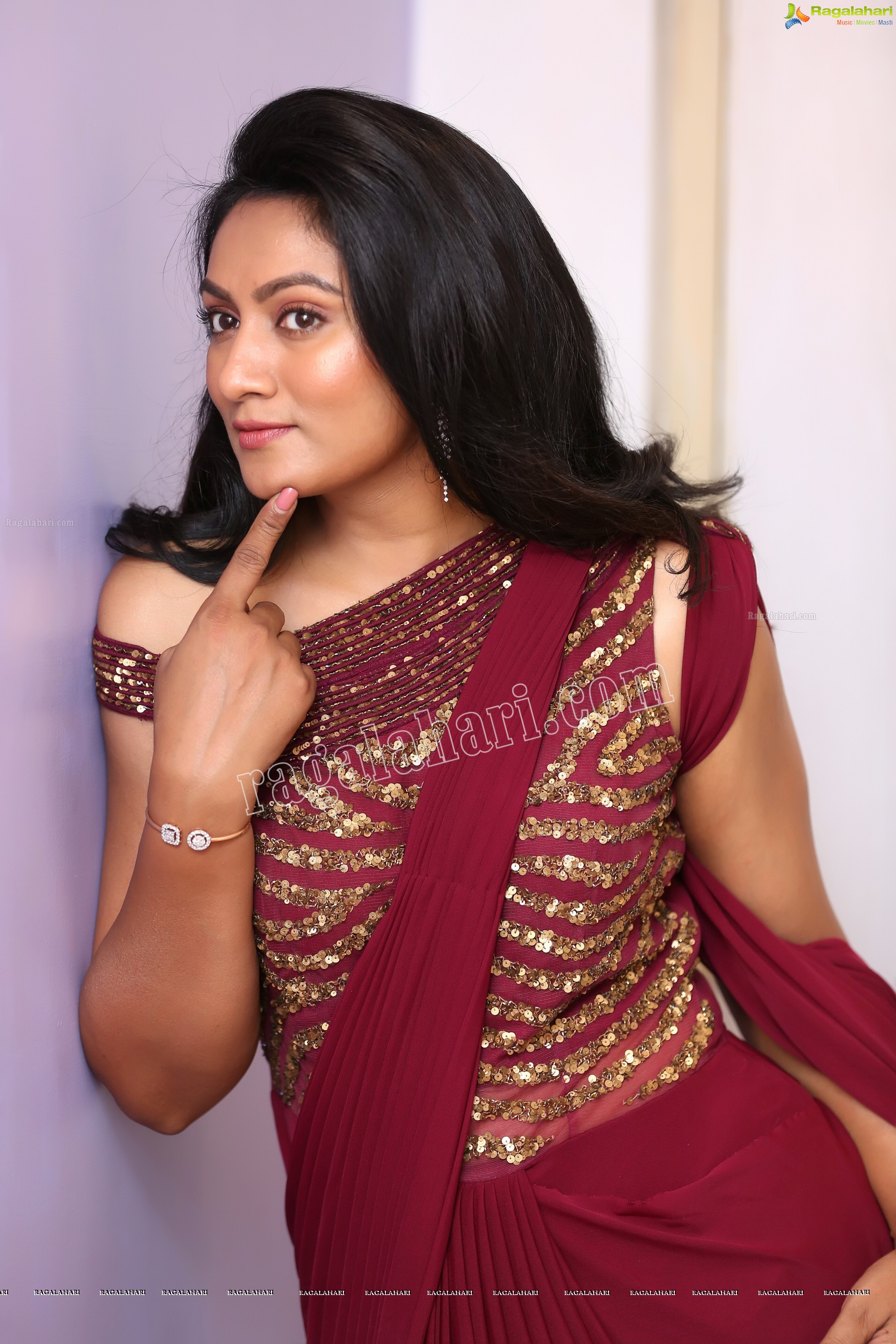 Ashmitha Karnani in Maroon Georgette Saree Exclusive Photo Shoot