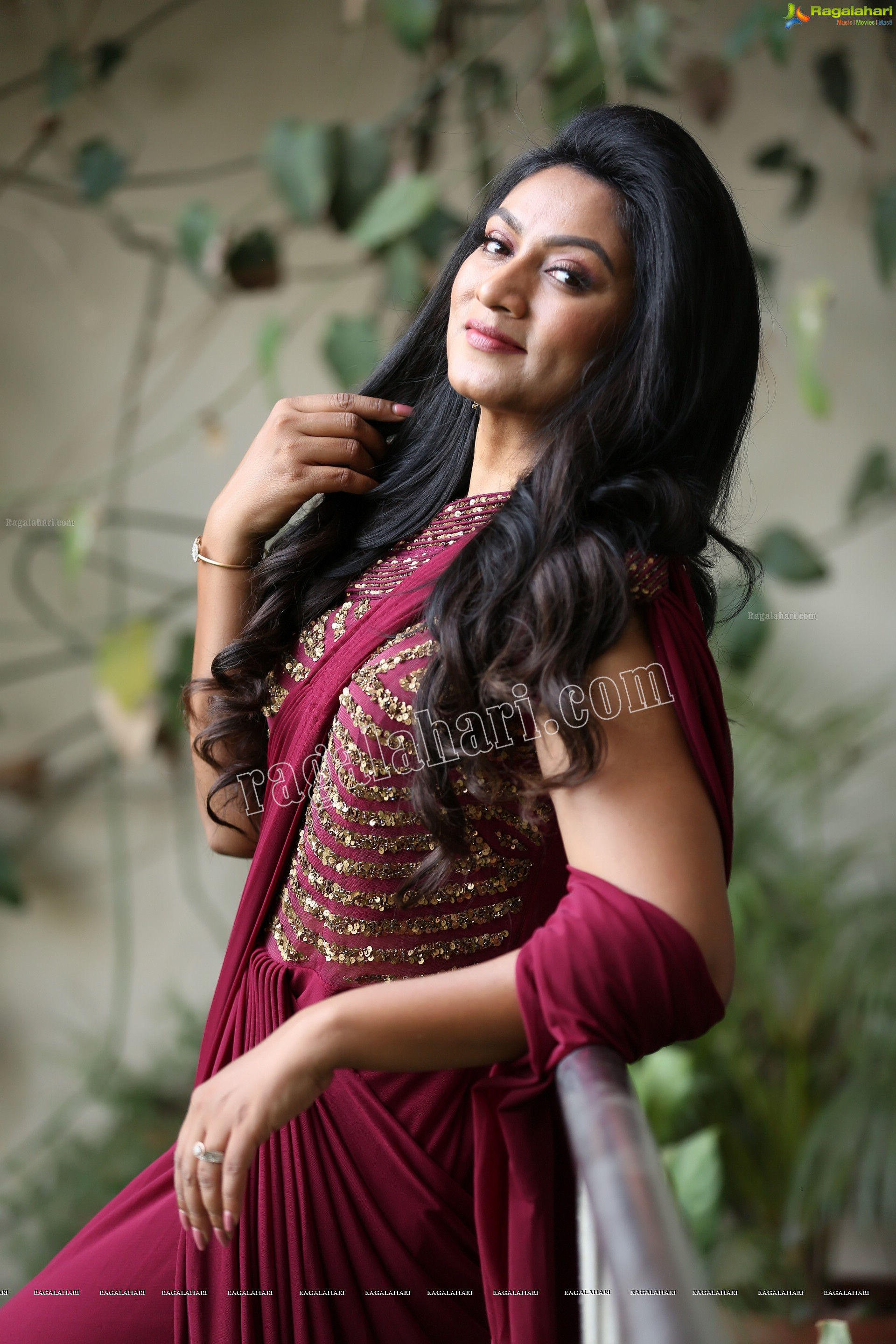 Ashmitha Karnani in Maroon Georgette Saree Exclusive Photo Shoot