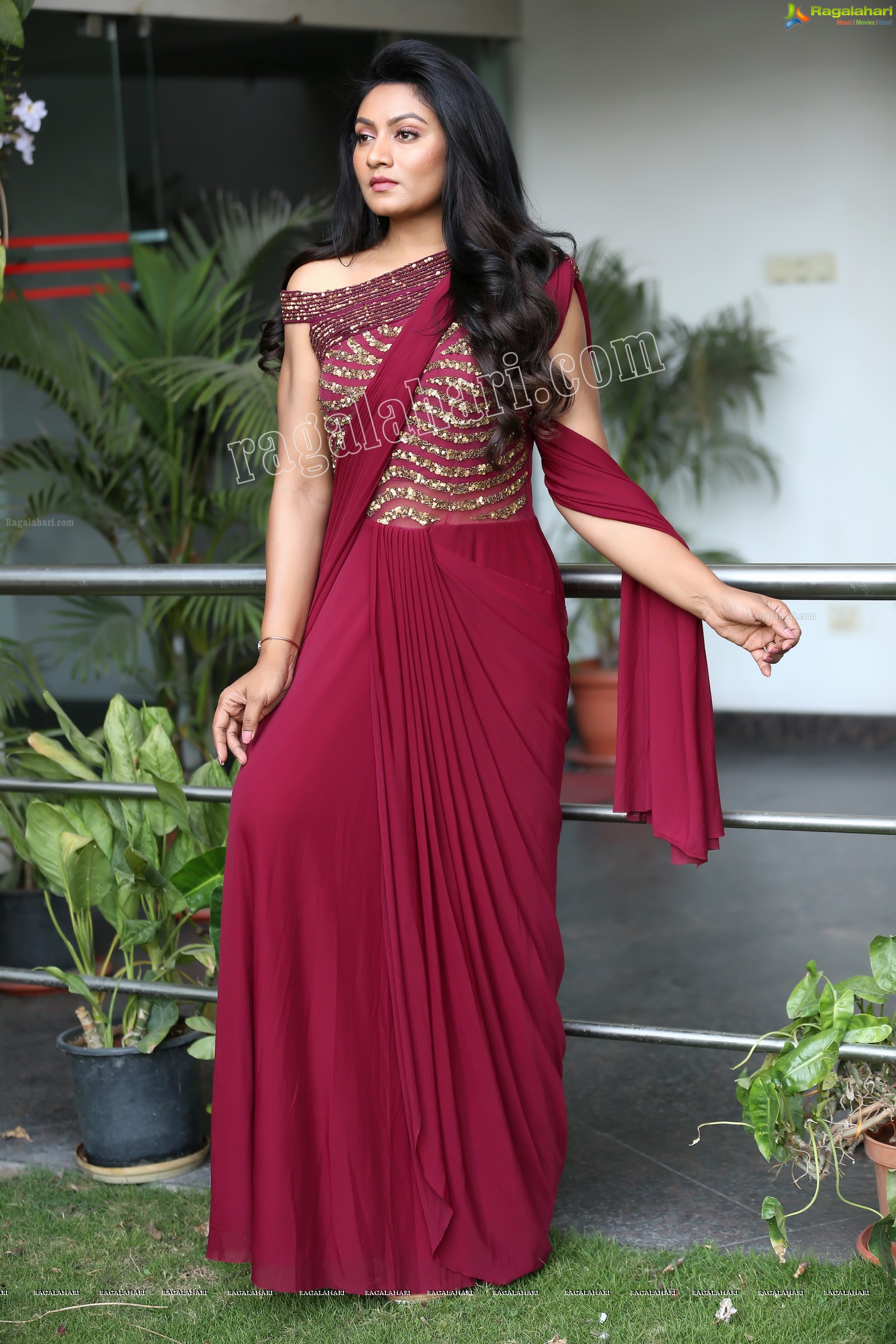 Ashmitha Karnani in Maroon Georgette Saree Exclusive Photo Shoot