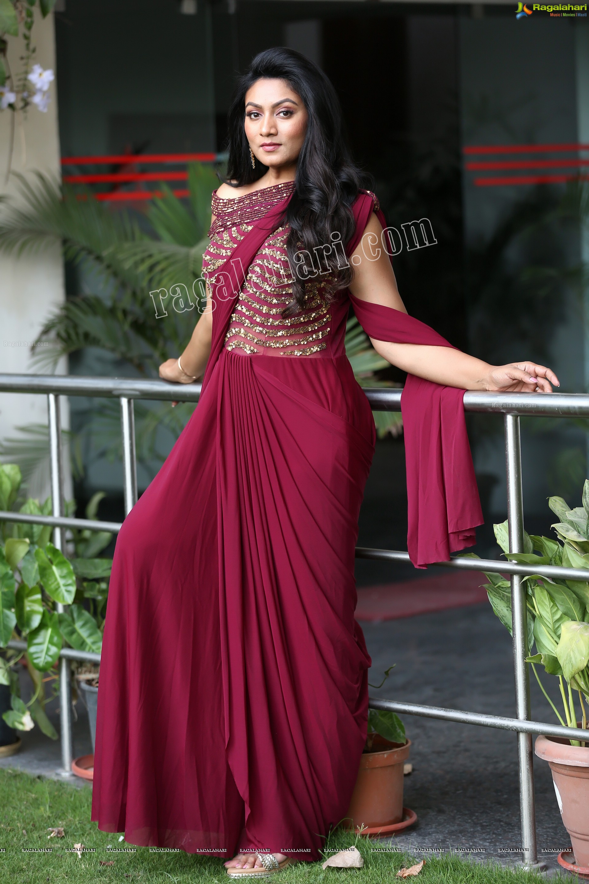 Ashmitha Karnani in Maroon Georgette Saree Exclusive Photo Shoot