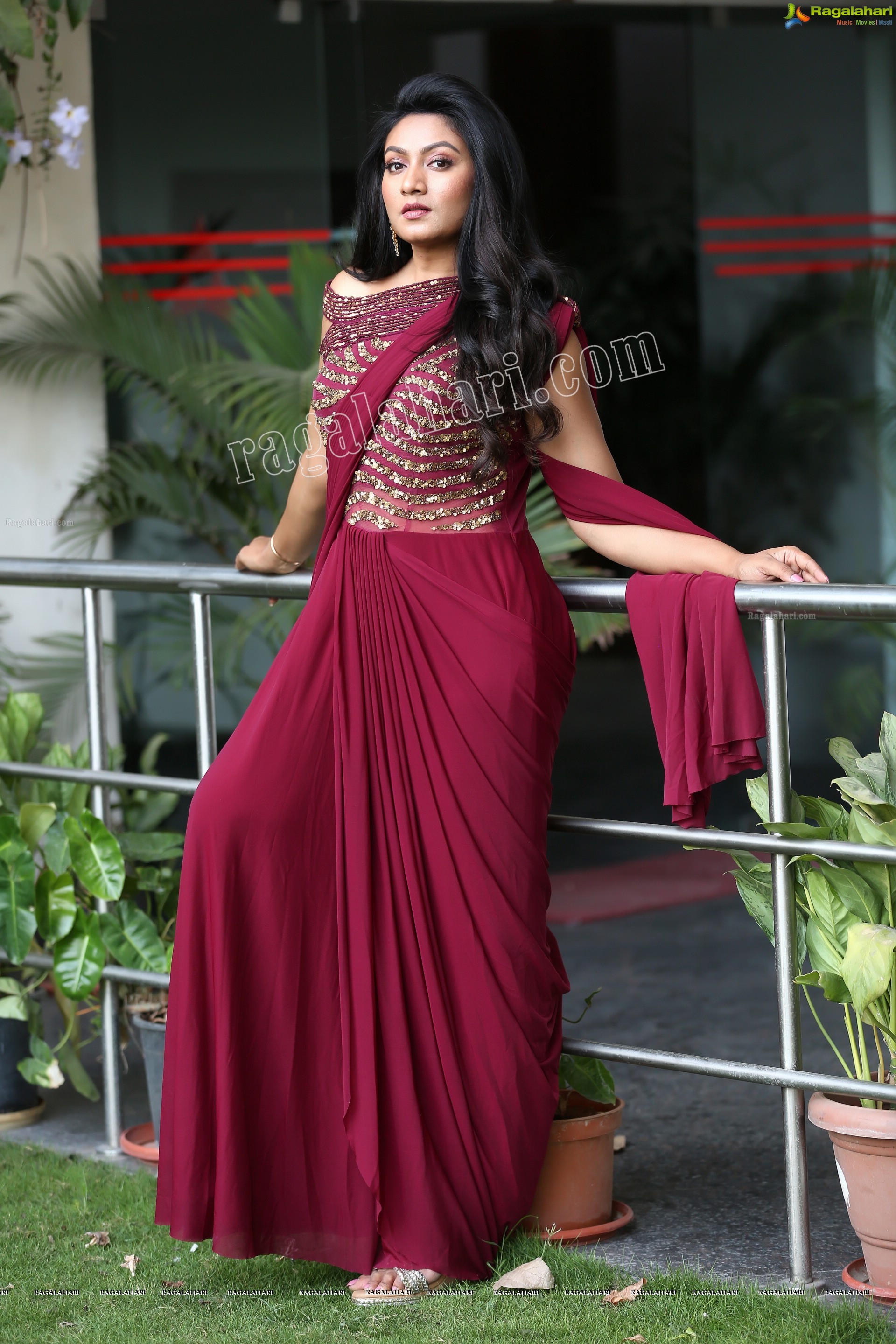 Ashmitha Karnani in Maroon Georgette Saree Exclusive Photo Shoot