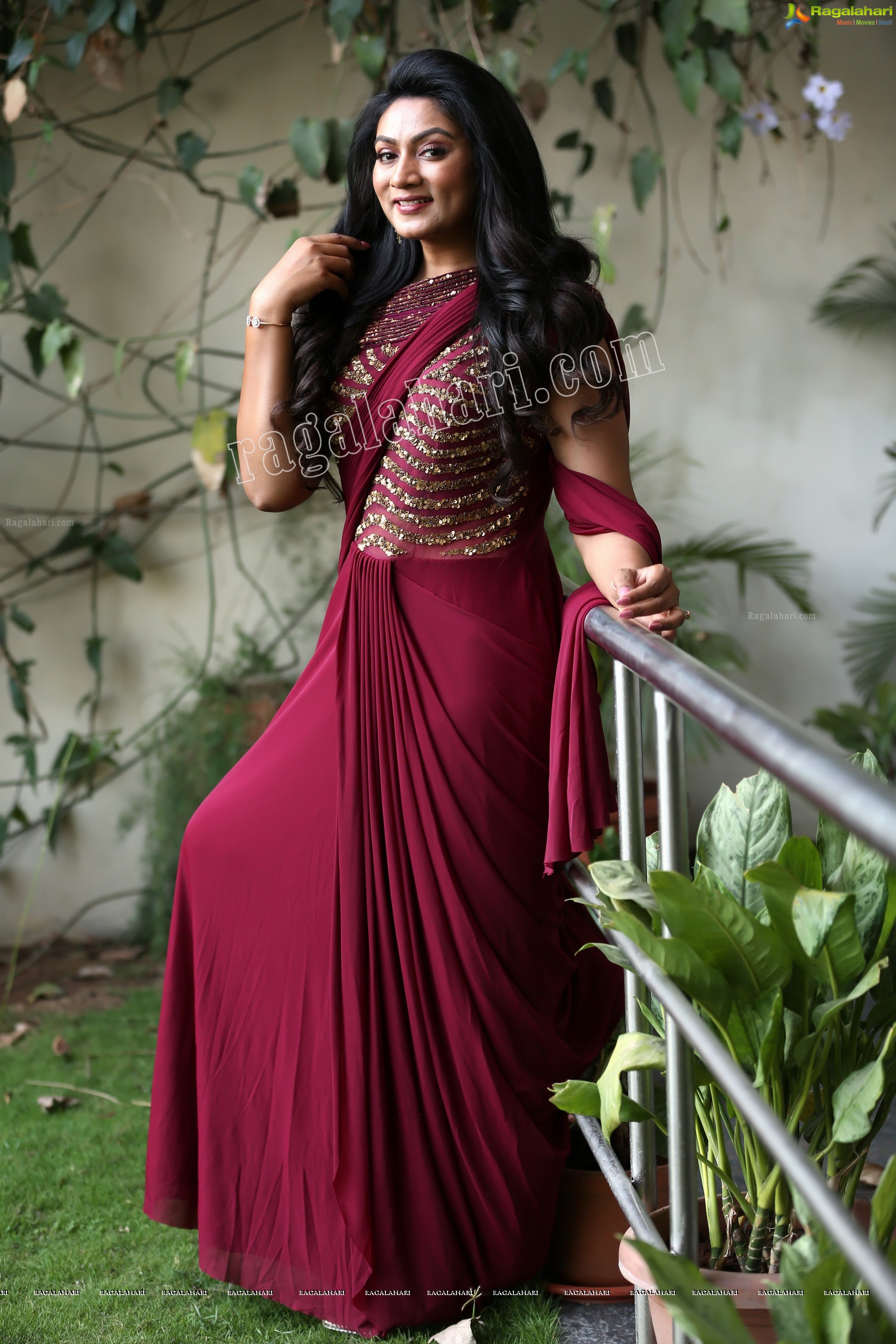 Ashmitha Karnani in Maroon Georgette Saree Exclusive Photo Shoot