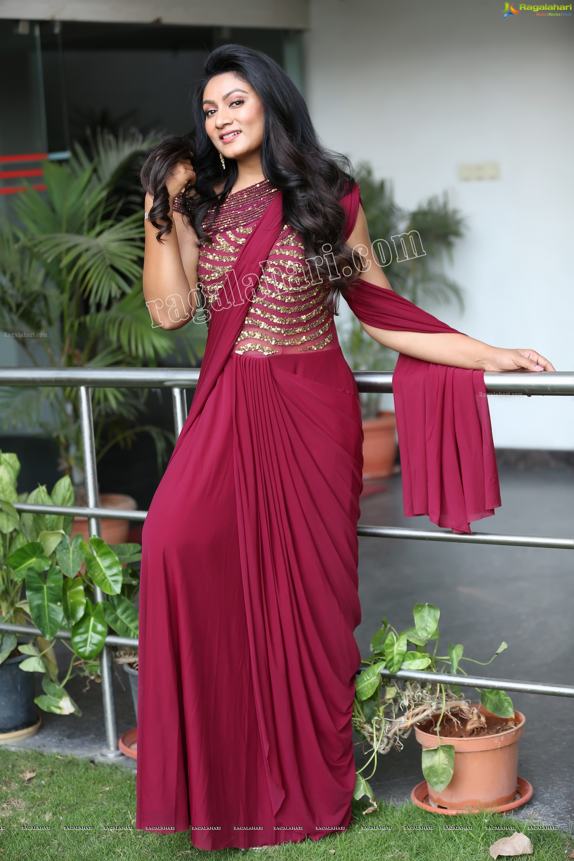Ashmitha Karnani in Maroon Georgette Saree Exclusive Photo Shoot