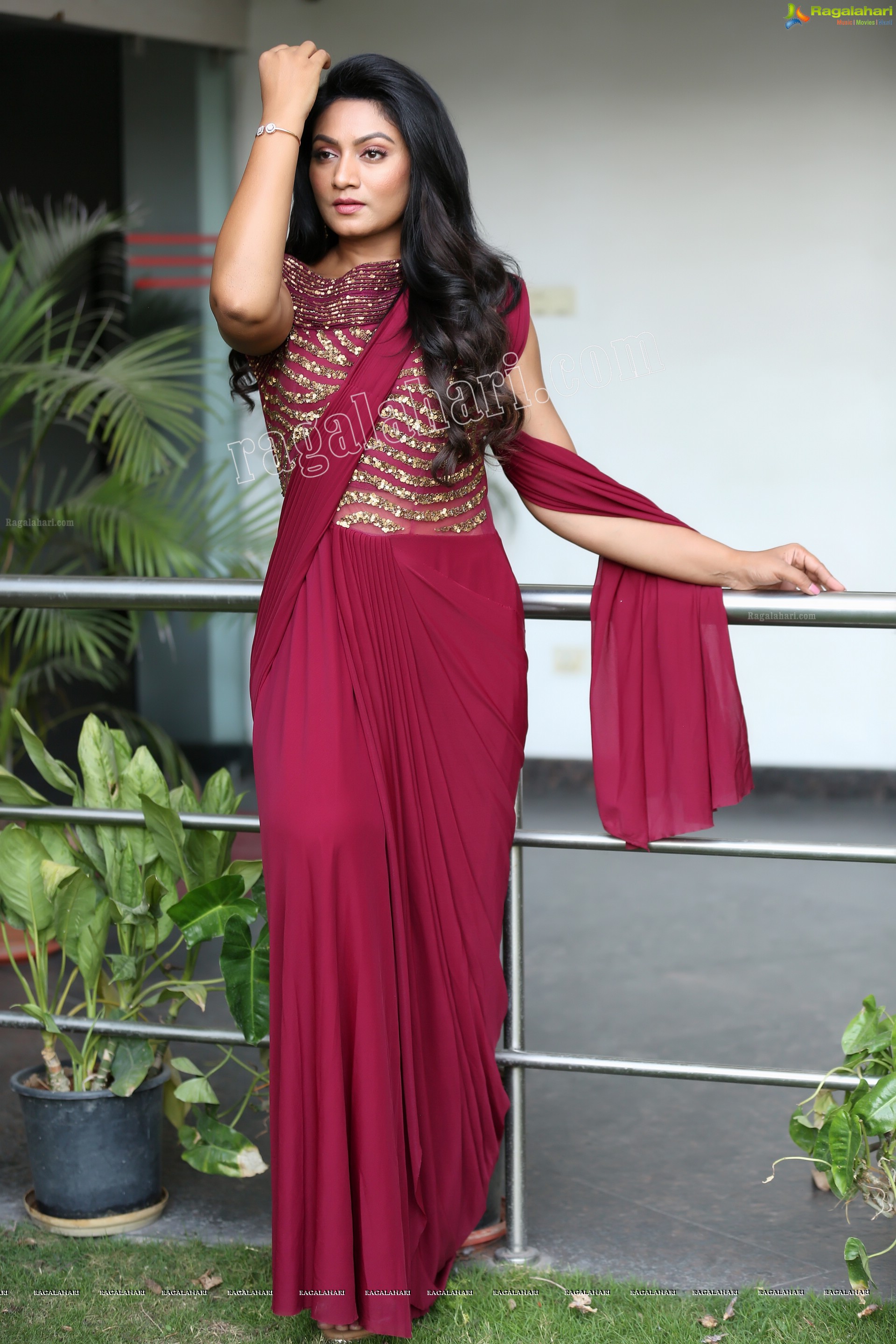 Ashmitha Karnani in Maroon Georgette Saree Exclusive Photo Shoot