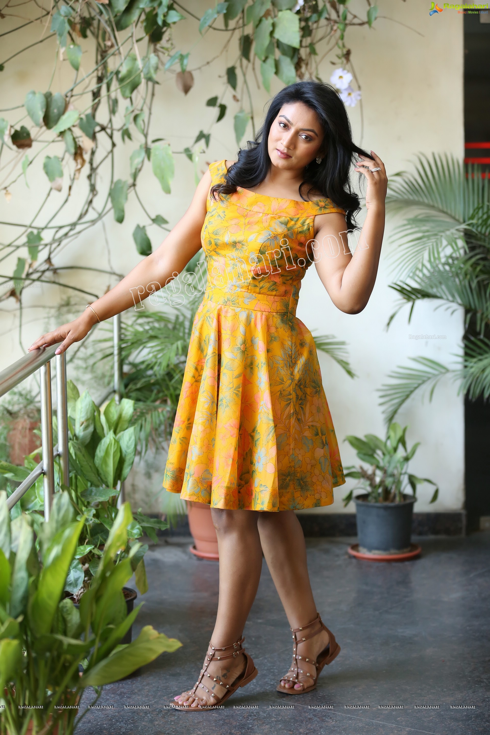 Ashmitha Karnani in Yellow Off-Shoulder Floral Dress Exclusive Photo Shoot