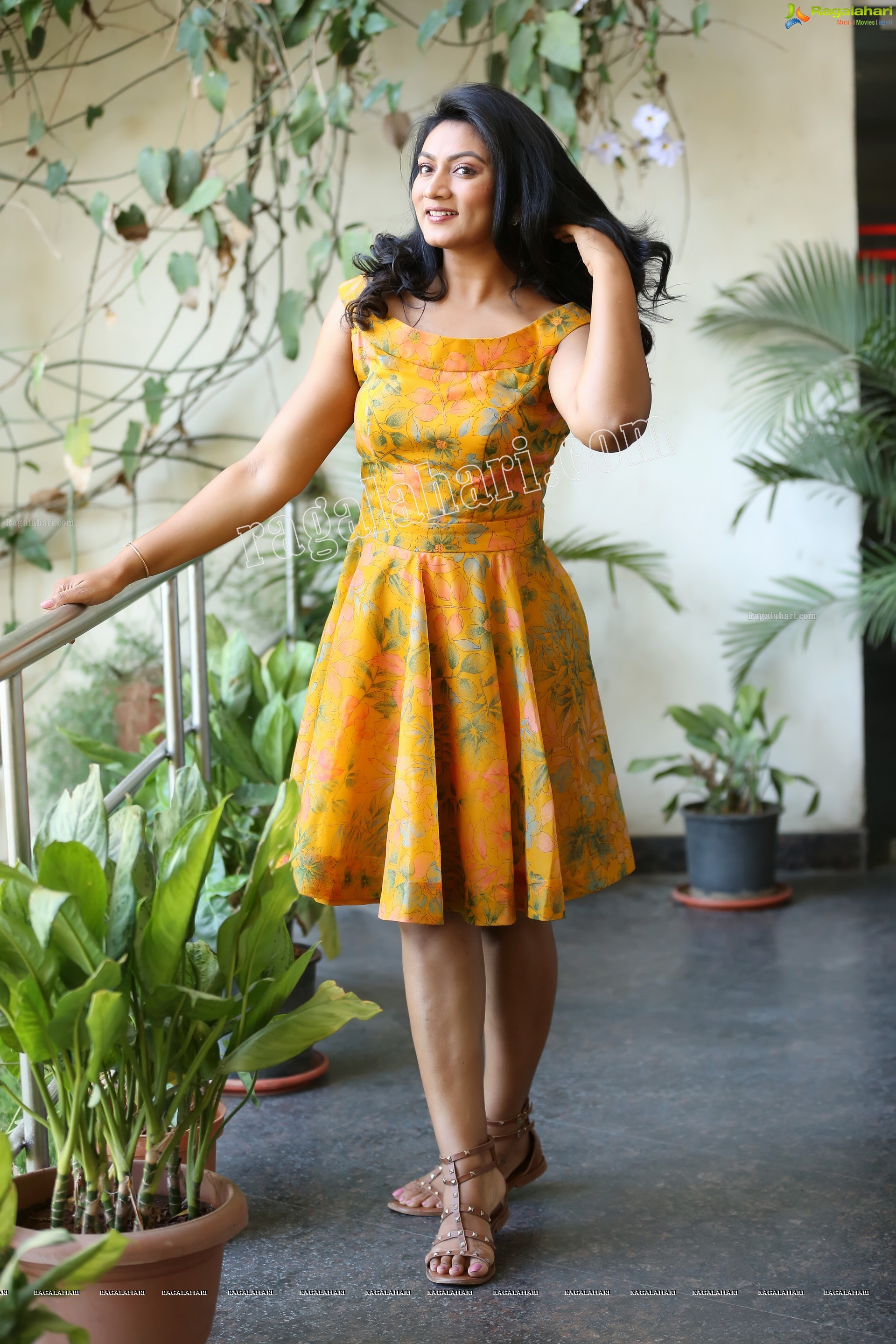 Ashmitha Karnani in Yellow Off-Shoulder Floral Dress Exclusive Photo Shoot