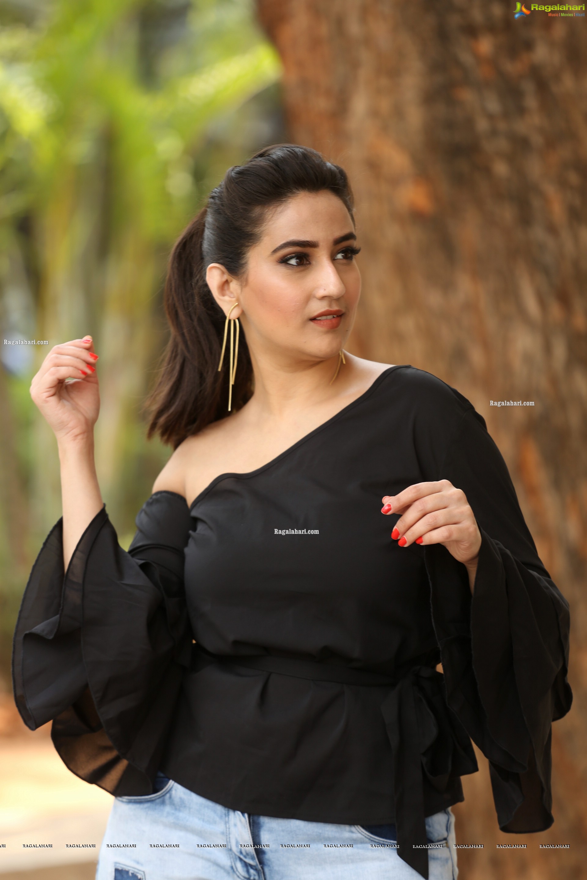 Manjusha in Black Ruffle One Shoulder Peplum Top With Tie Detail Exclusive Photo Shoot
