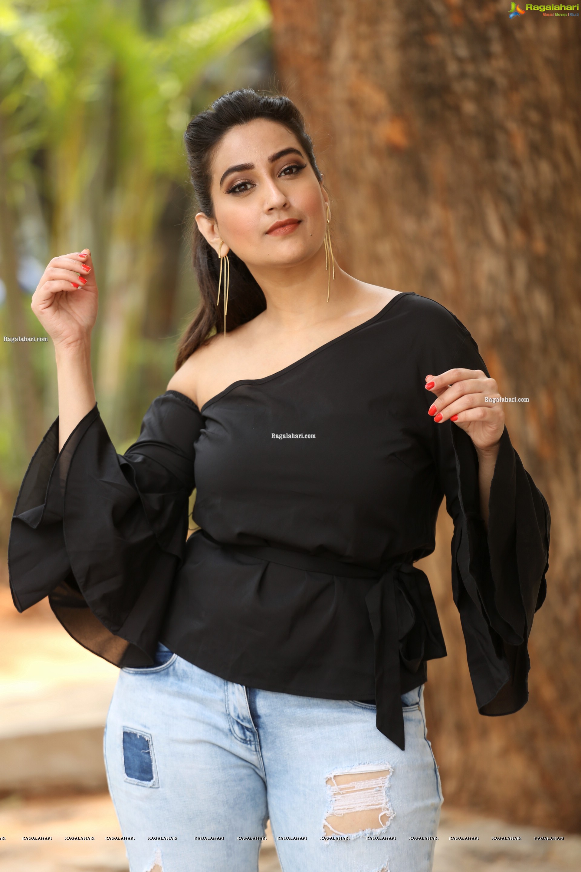 Manjusha in Black Ruffle One Shoulder Peplum Top With Tie Detail Exclusive Photo Shoot