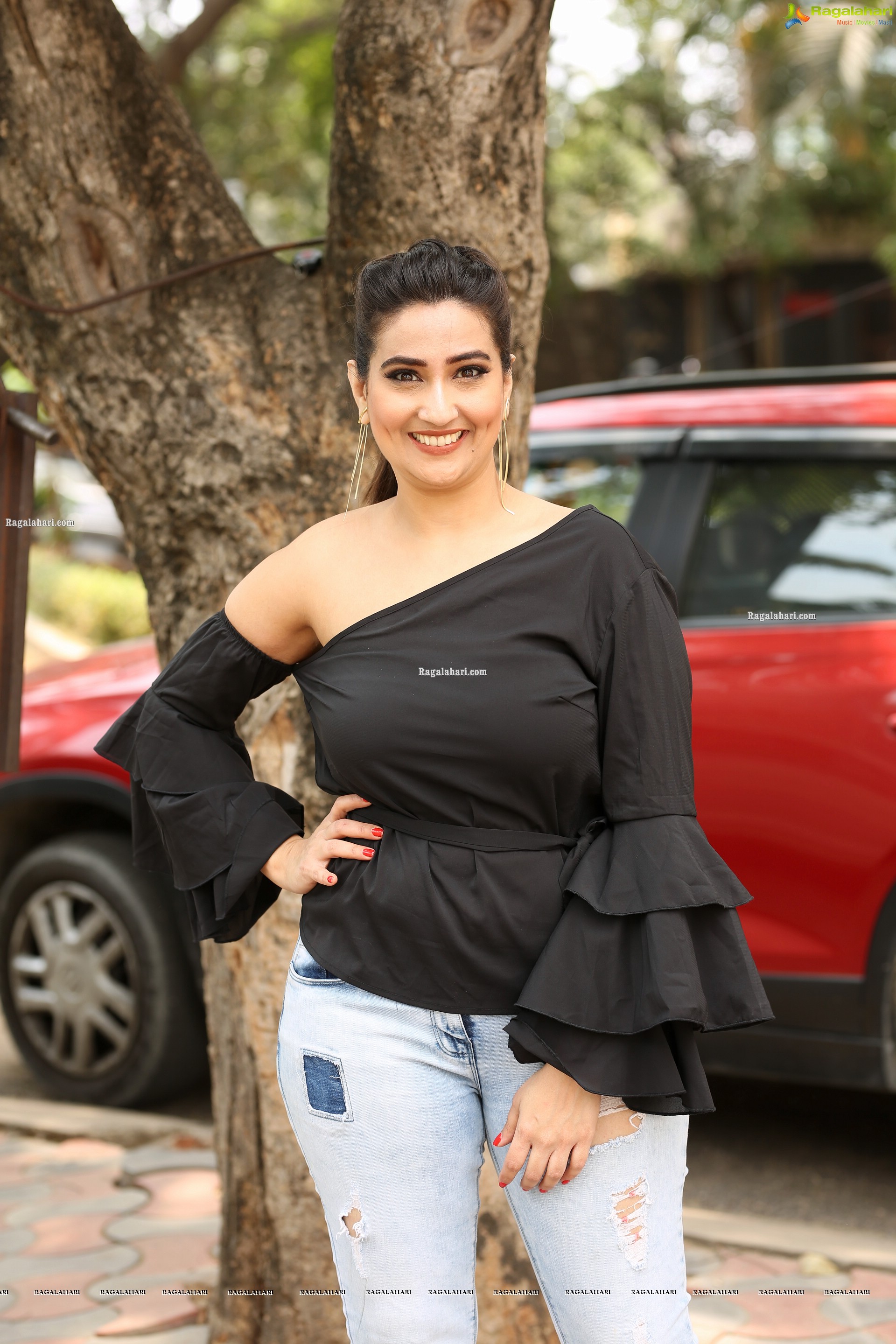 Manjusha in Black Ruffle One Shoulder Peplum Top With Tie Detail Exclusive Photo Shoot