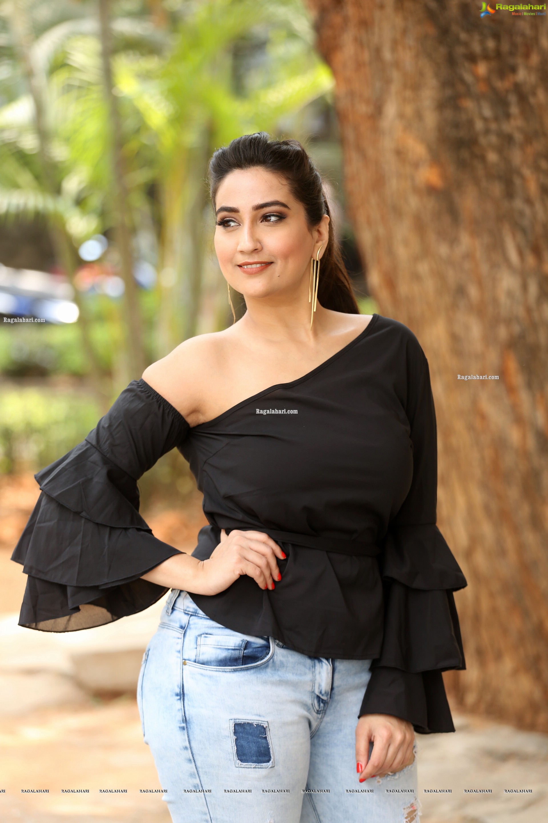 Manjusha in Black Ruffle One Shoulder Peplum Top With Tie Detail Exclusive Photo Shoot