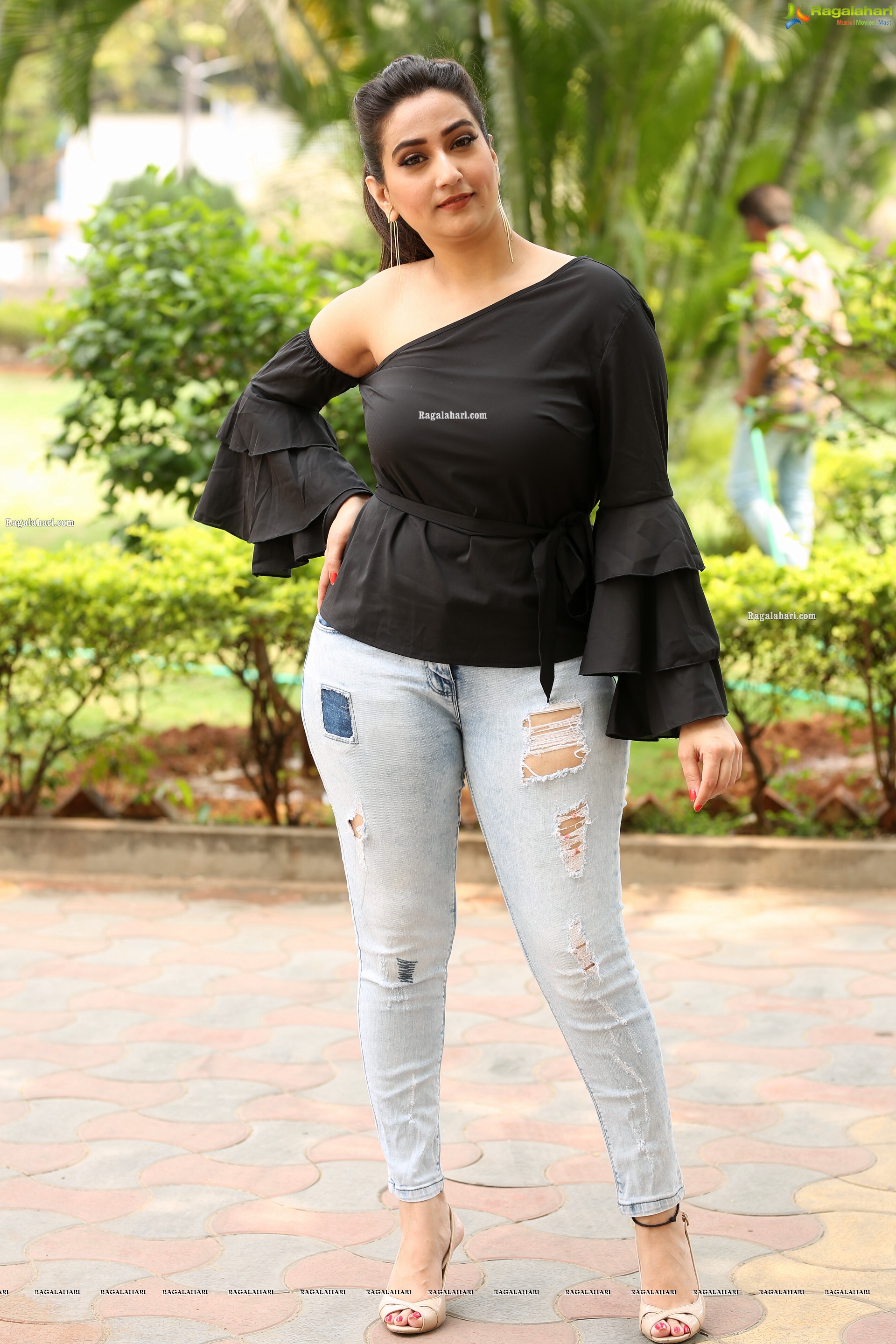 Manjusha in Black Ruffle One Shoulder Peplum Top With Tie Detail Exclusive Photo Shoot