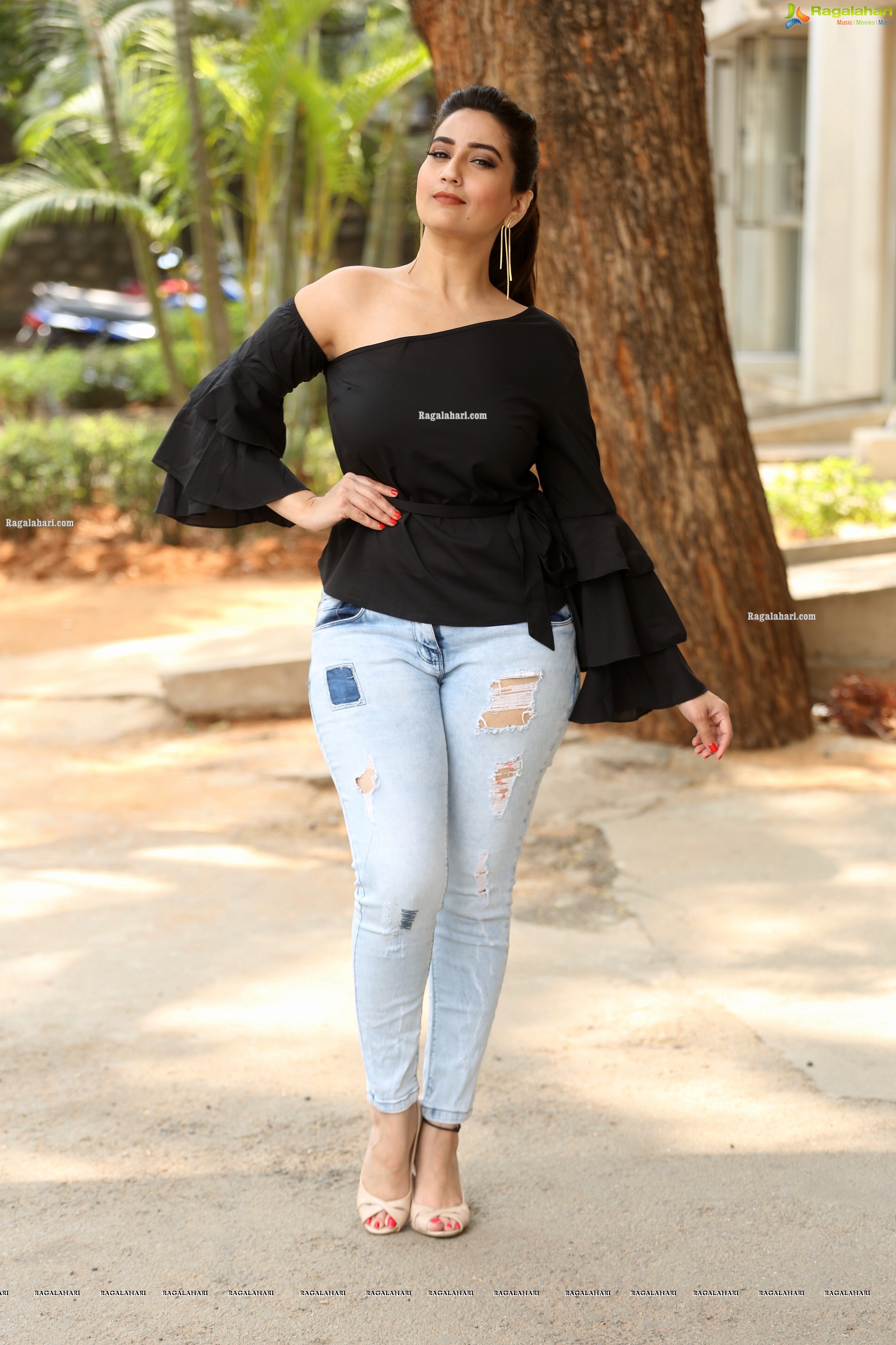 Manjusha in Black Ruffle One Shoulder Peplum Top With Tie Detail Exclusive Photo Shoot