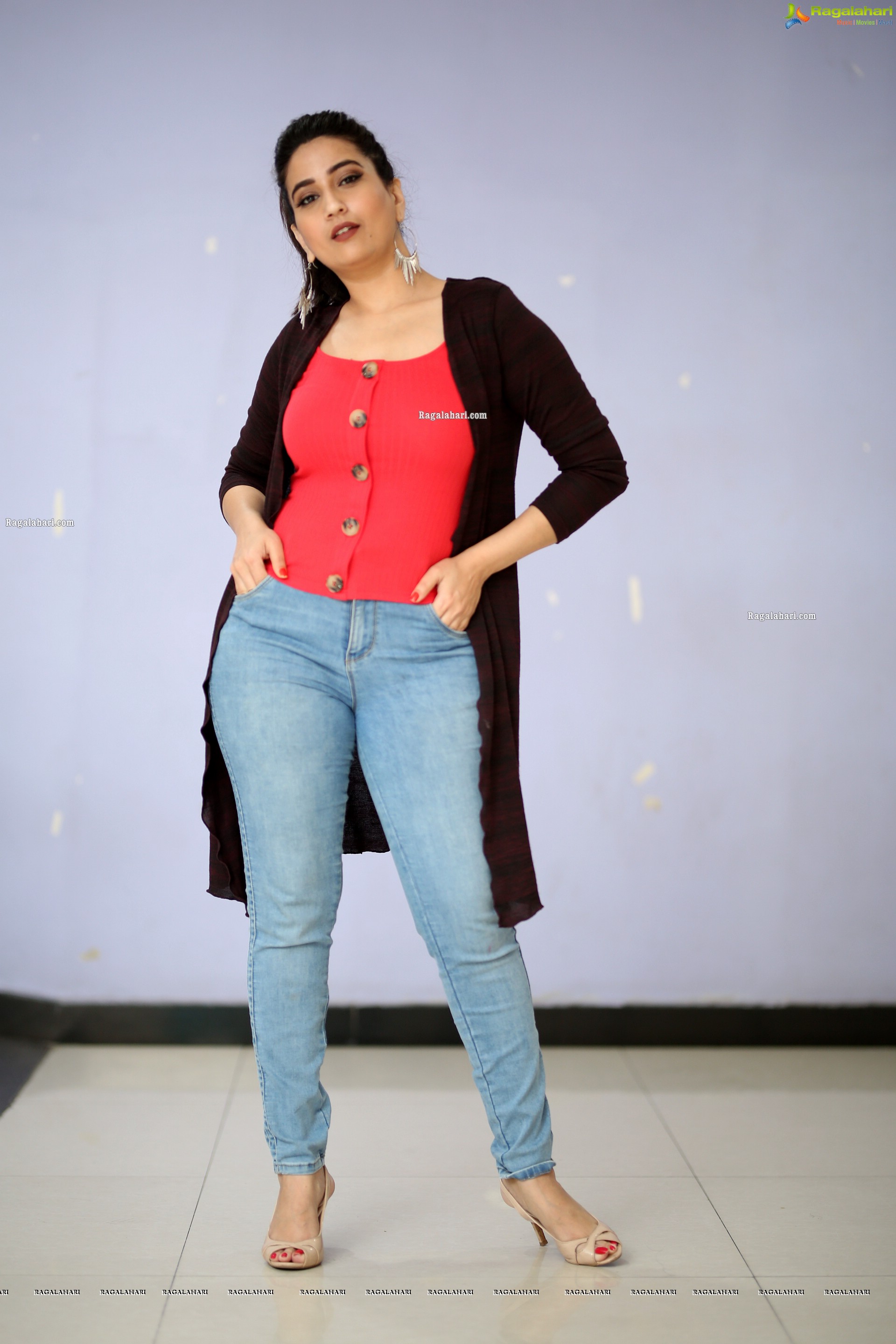 Manjusha in Pink Top and Blue Jeans With Long Shrug Exclusive Photoshoot