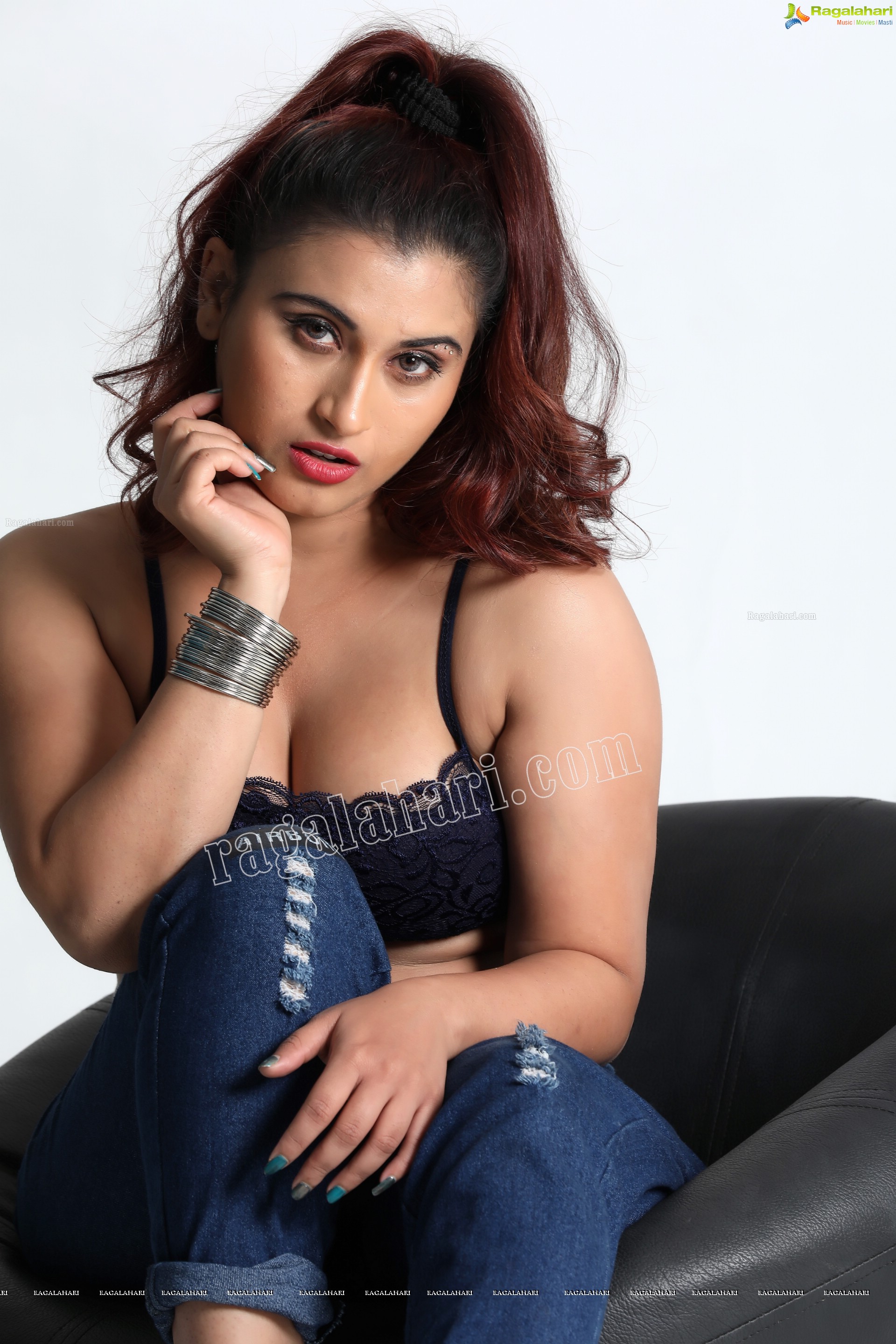 Gunnjan Aras in Navy Blue Lace Spaghetti Strap Crop Top Exclusive Photo Shoot