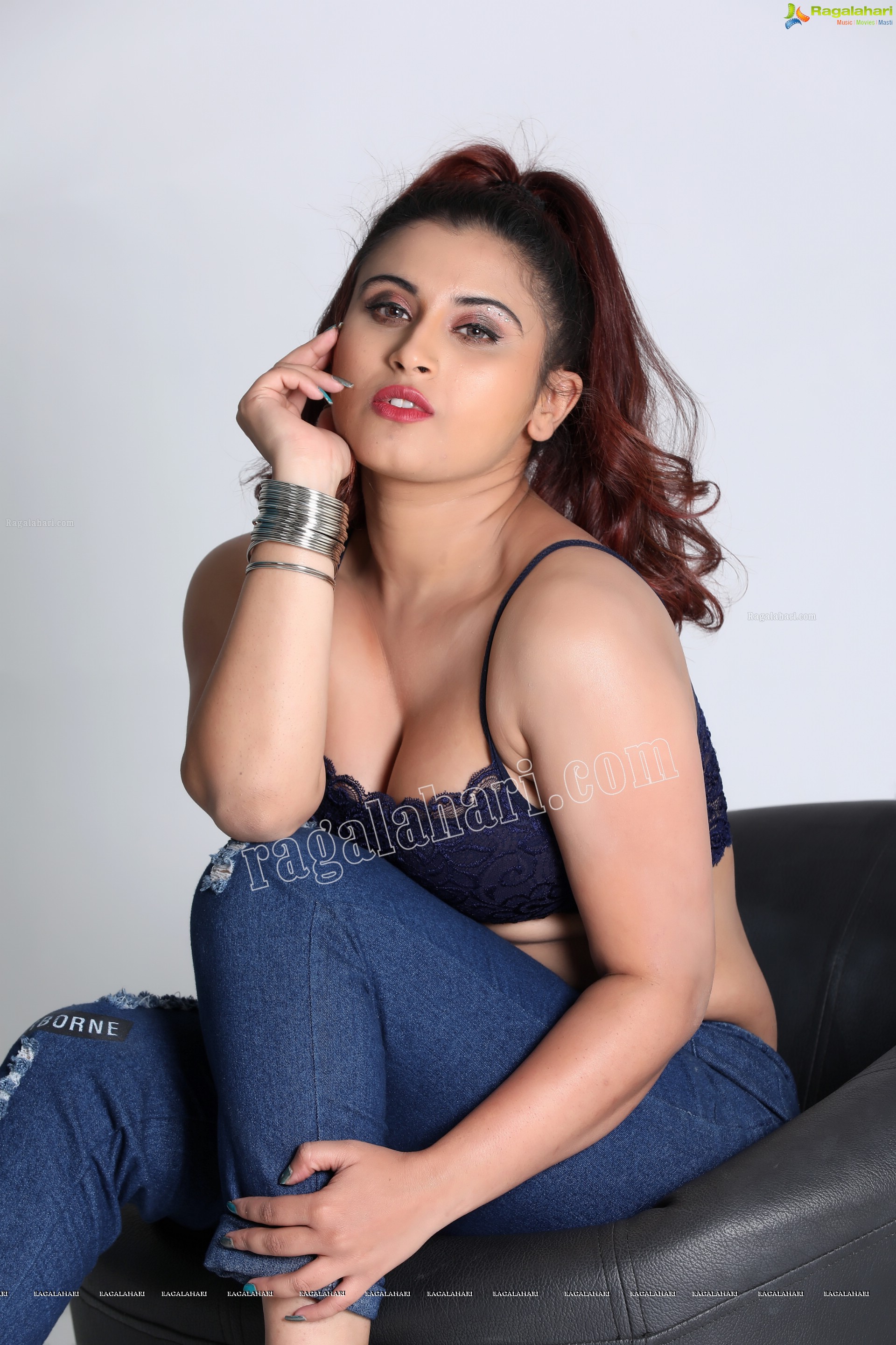 Gunnjan Aras in Navy Blue Lace Spaghetti Strap Crop Top Exclusive Photo Shoot