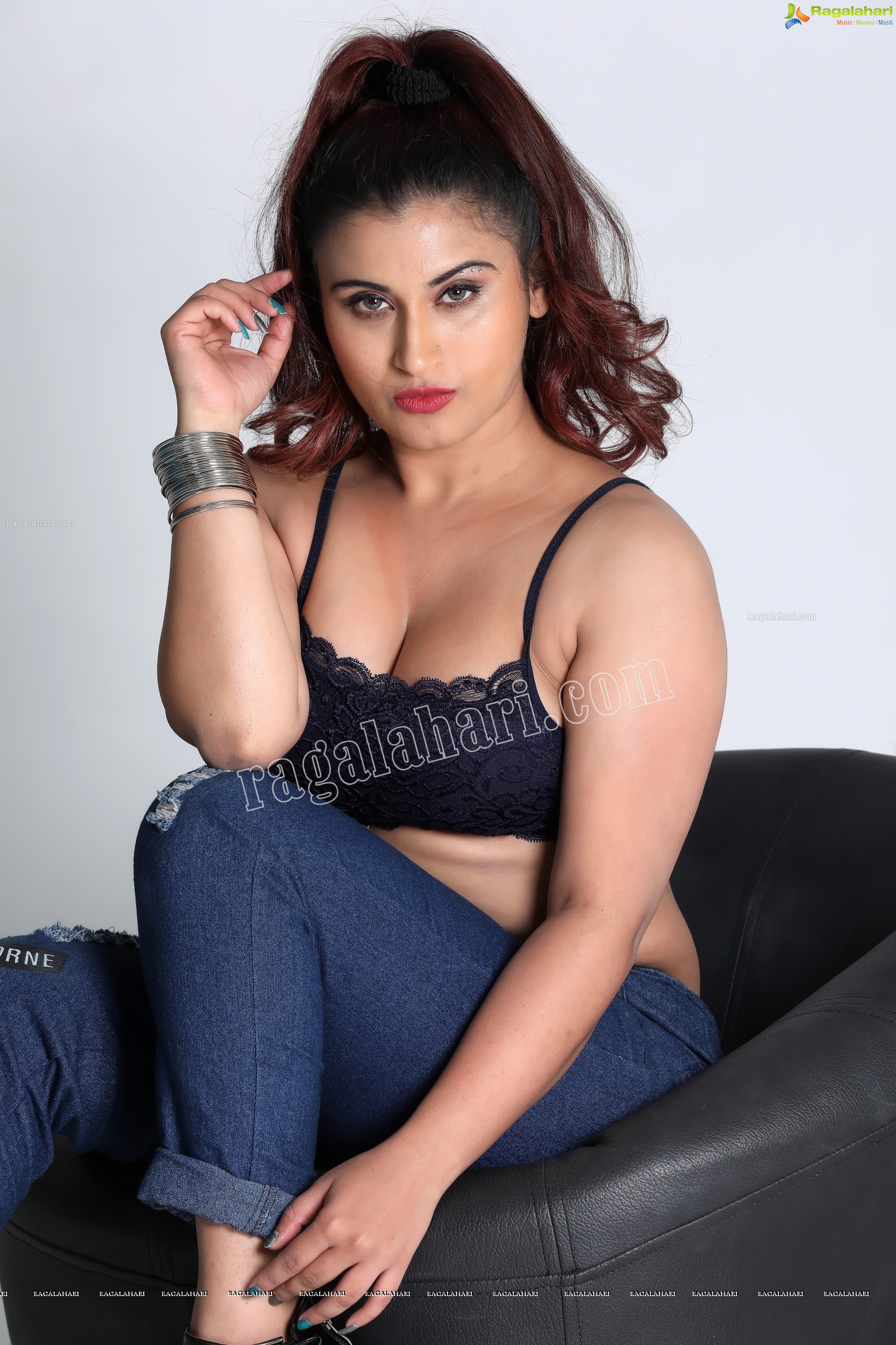 Gunnjan Aras in Navy Blue Lace Spaghetti Strap Crop Top Exclusive Photo Shoot