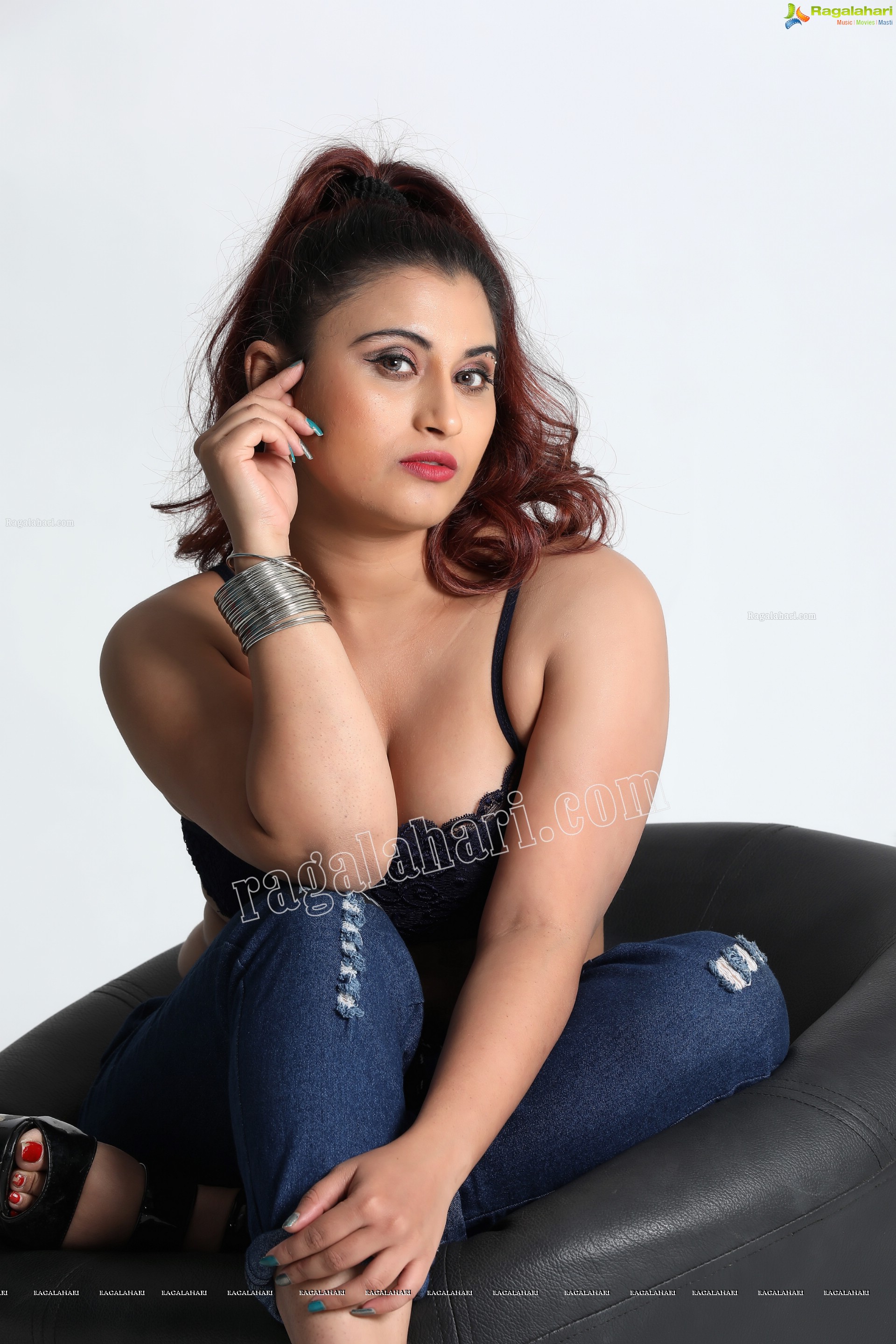 Gunnjan Aras in Navy Blue Lace Spaghetti Strap Crop Top Exclusive Photo Shoot