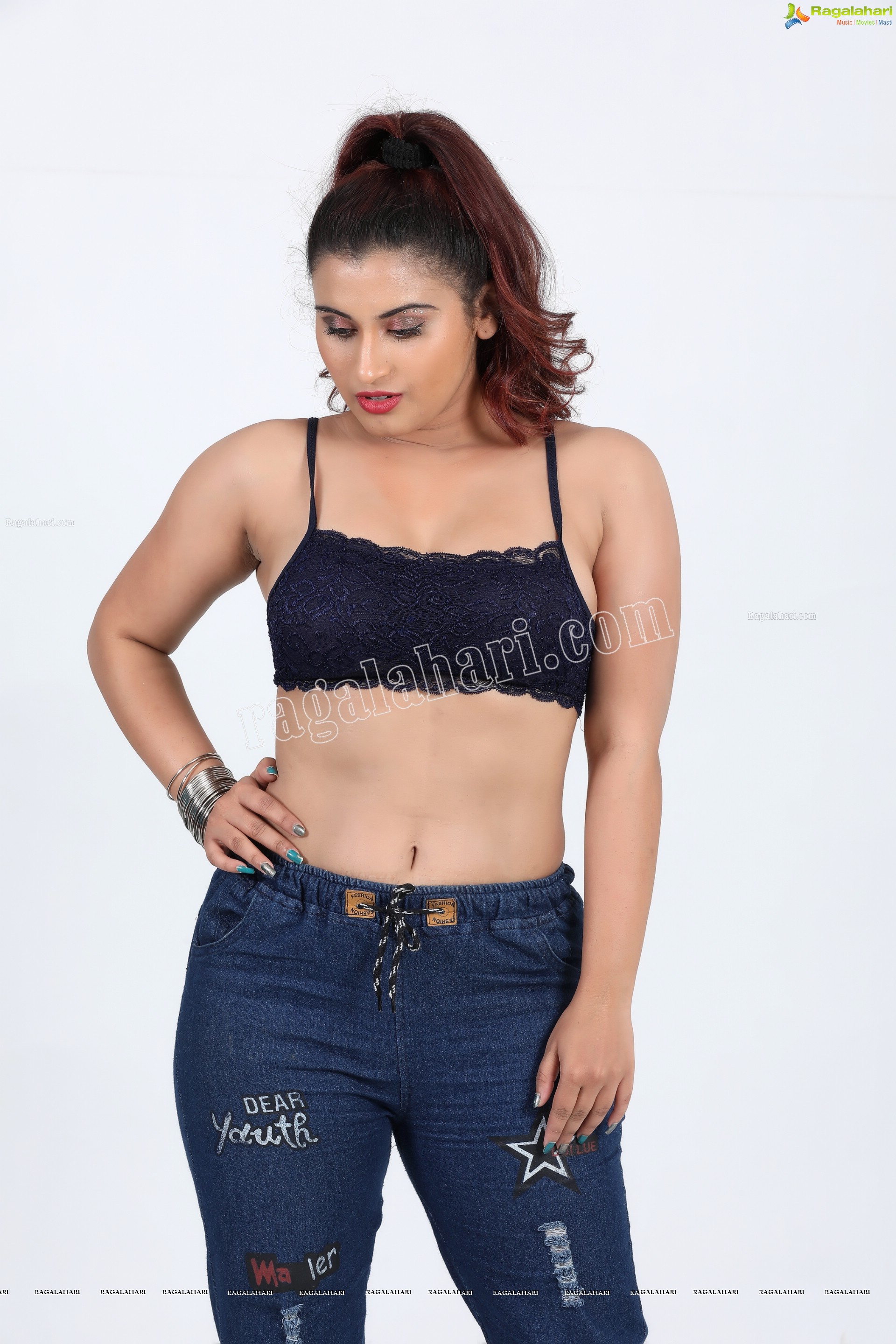 Gunnjan Aras in Navy Blue Lace Spaghetti Strap Crop Top Exclusive Photo Shoot