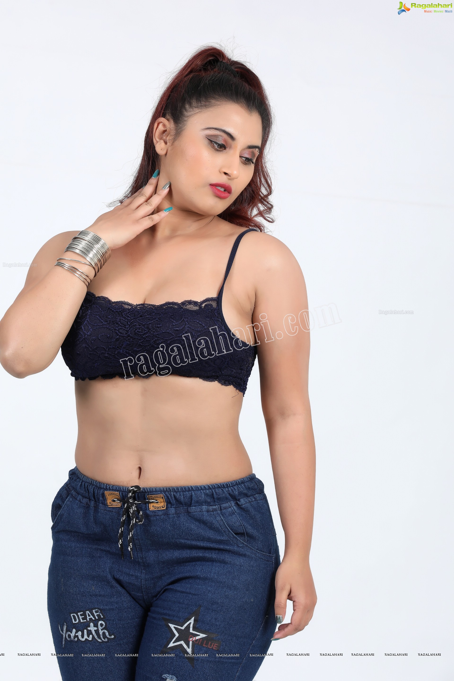 Gunnjan Aras in Navy Blue Lace Spaghetti Strap Crop Top Exclusive Photo Shoot