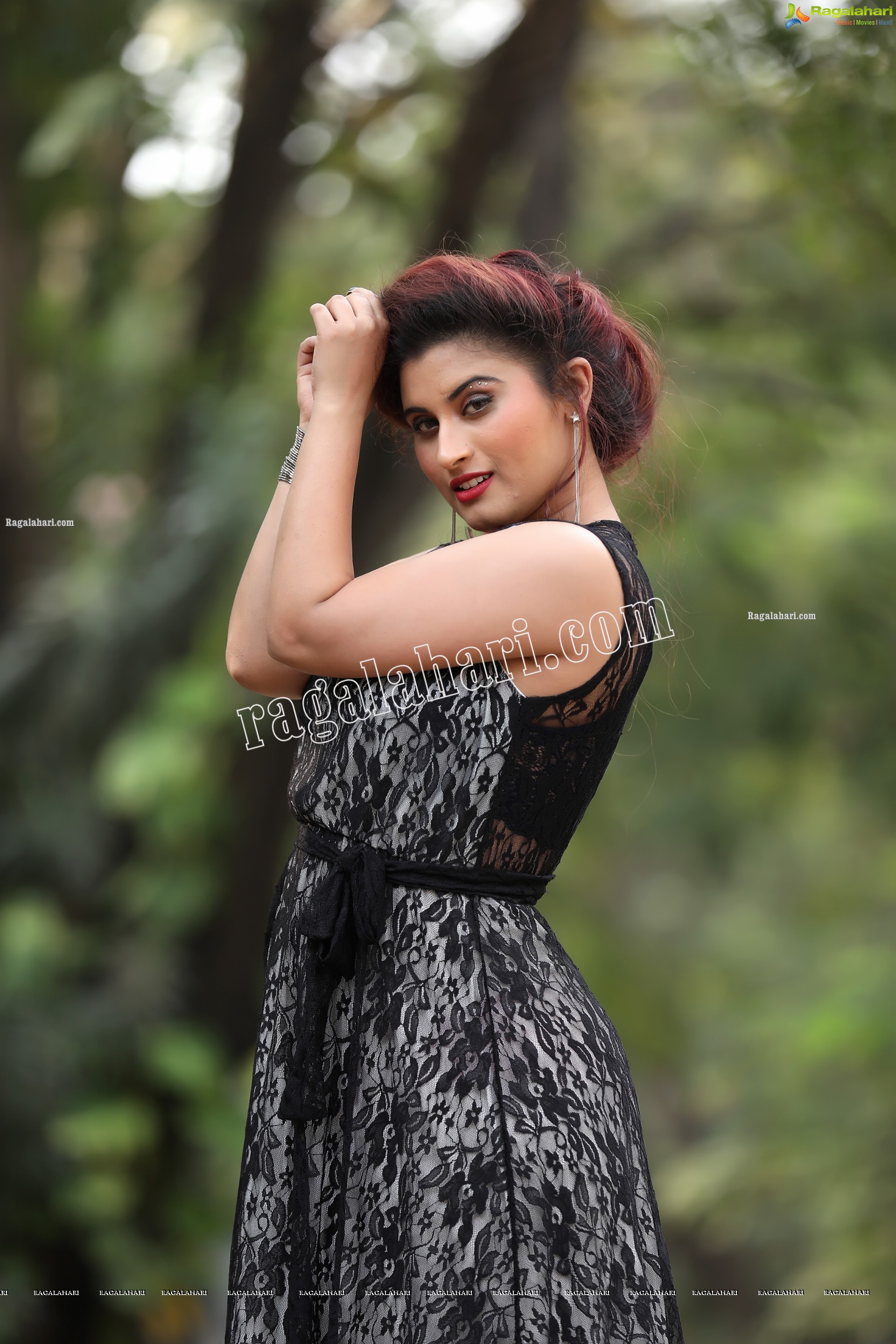 Gunnjan Aras in Slit Black Printed Long Dress Exclusive Photo Shoot