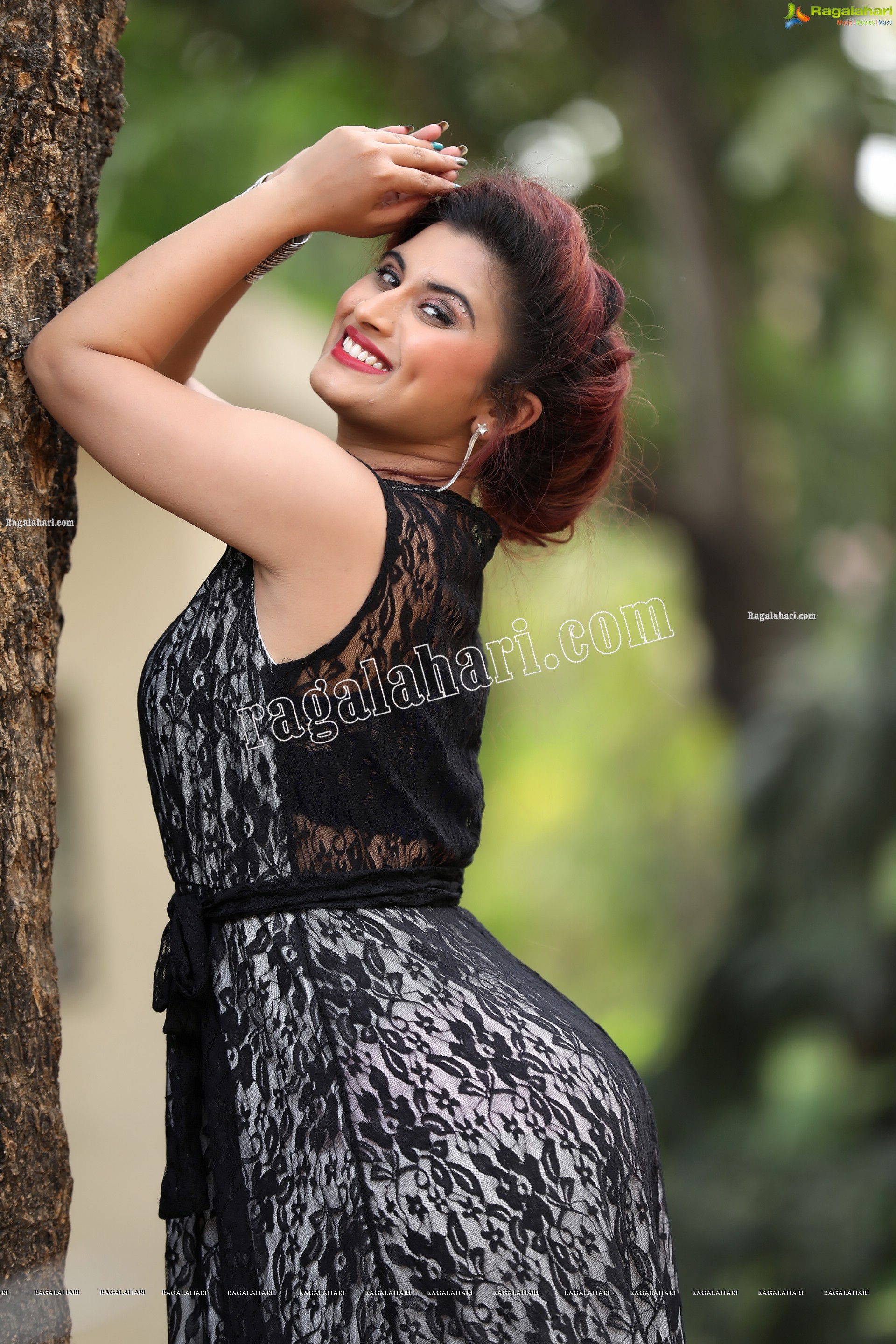 Gunnjan Aras in Slit Black Printed Long Dress Exclusive Photo Shoot