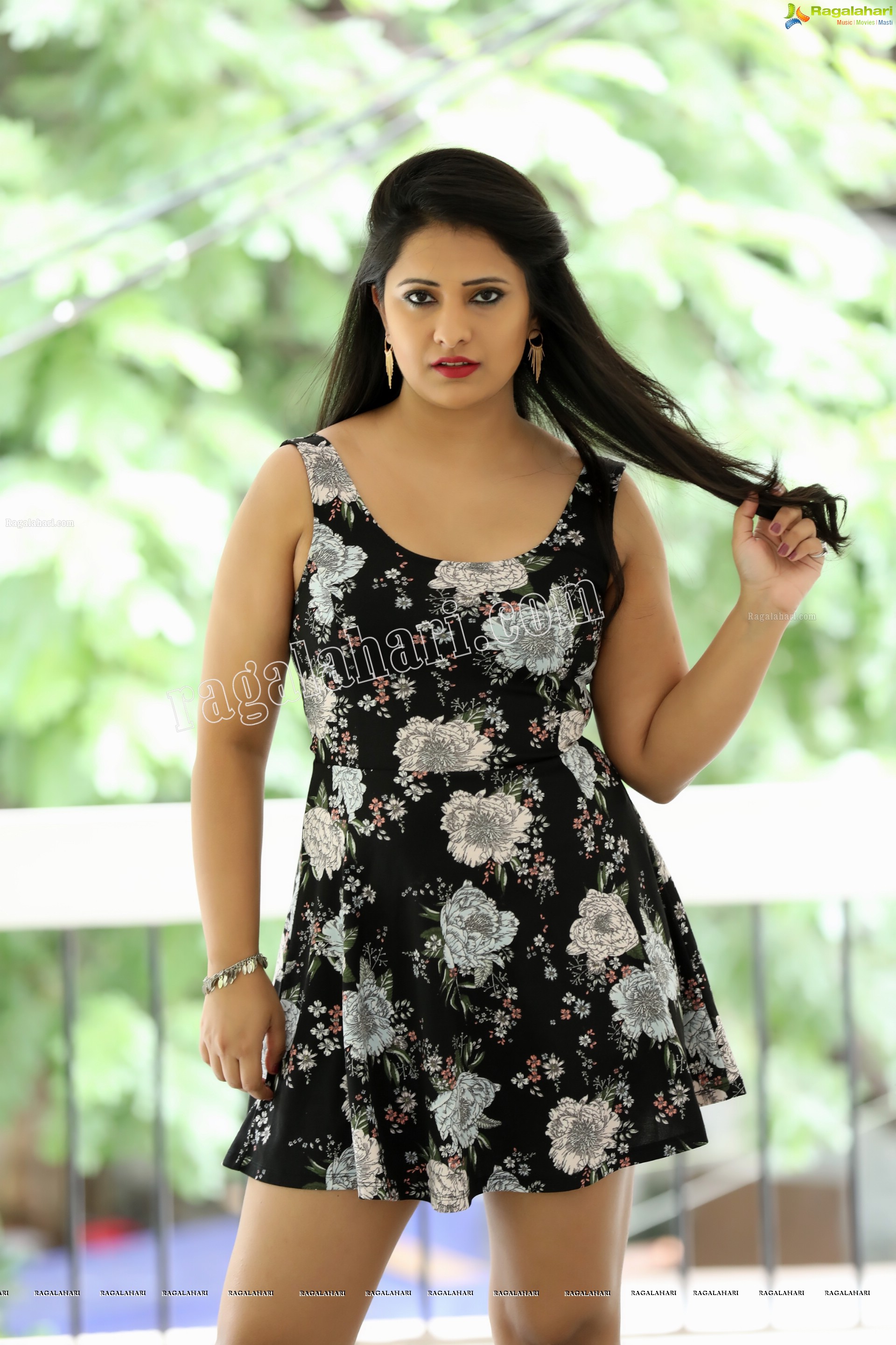 Nikita Bisht in Black Floral Print Mini Dress Exclusive Photo Shoot