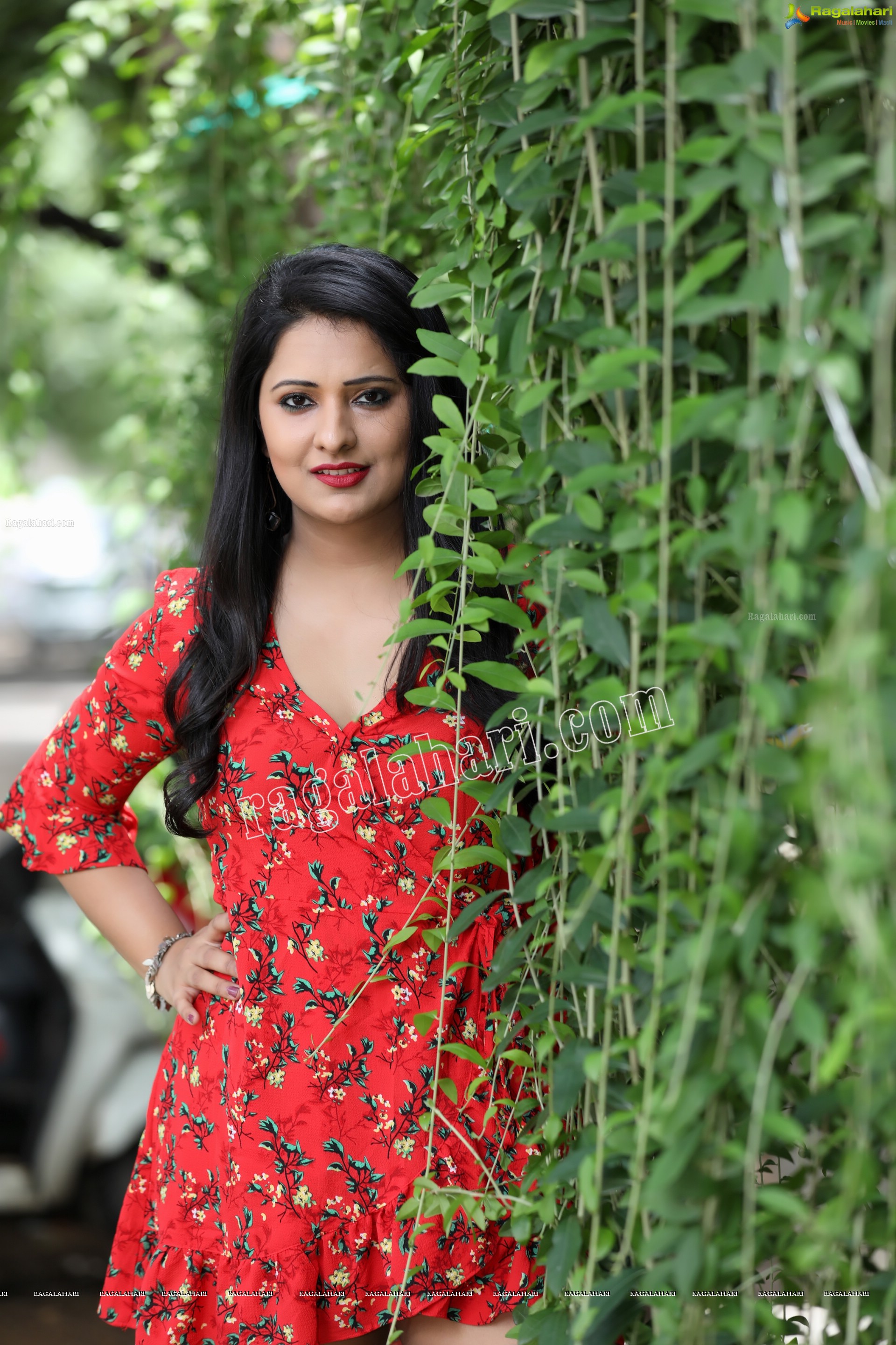 Nikita Bisht in Red Floral Tie Front Tunic Mini Dress Exclusive Photo Shoot