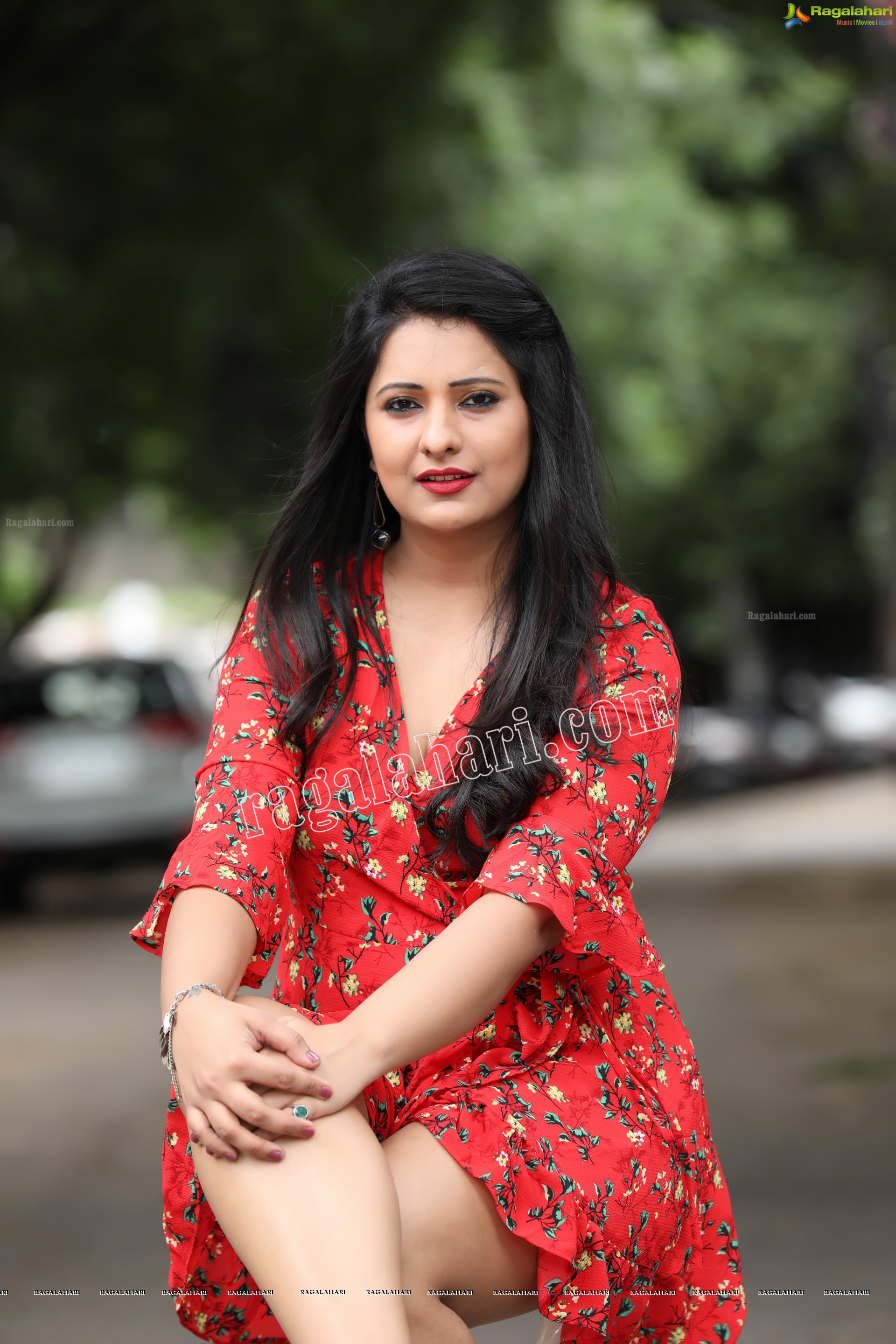 Nikita Bisht in Red Floral Tie Front Tunic Mini Dress Exclusive Photo Shoot