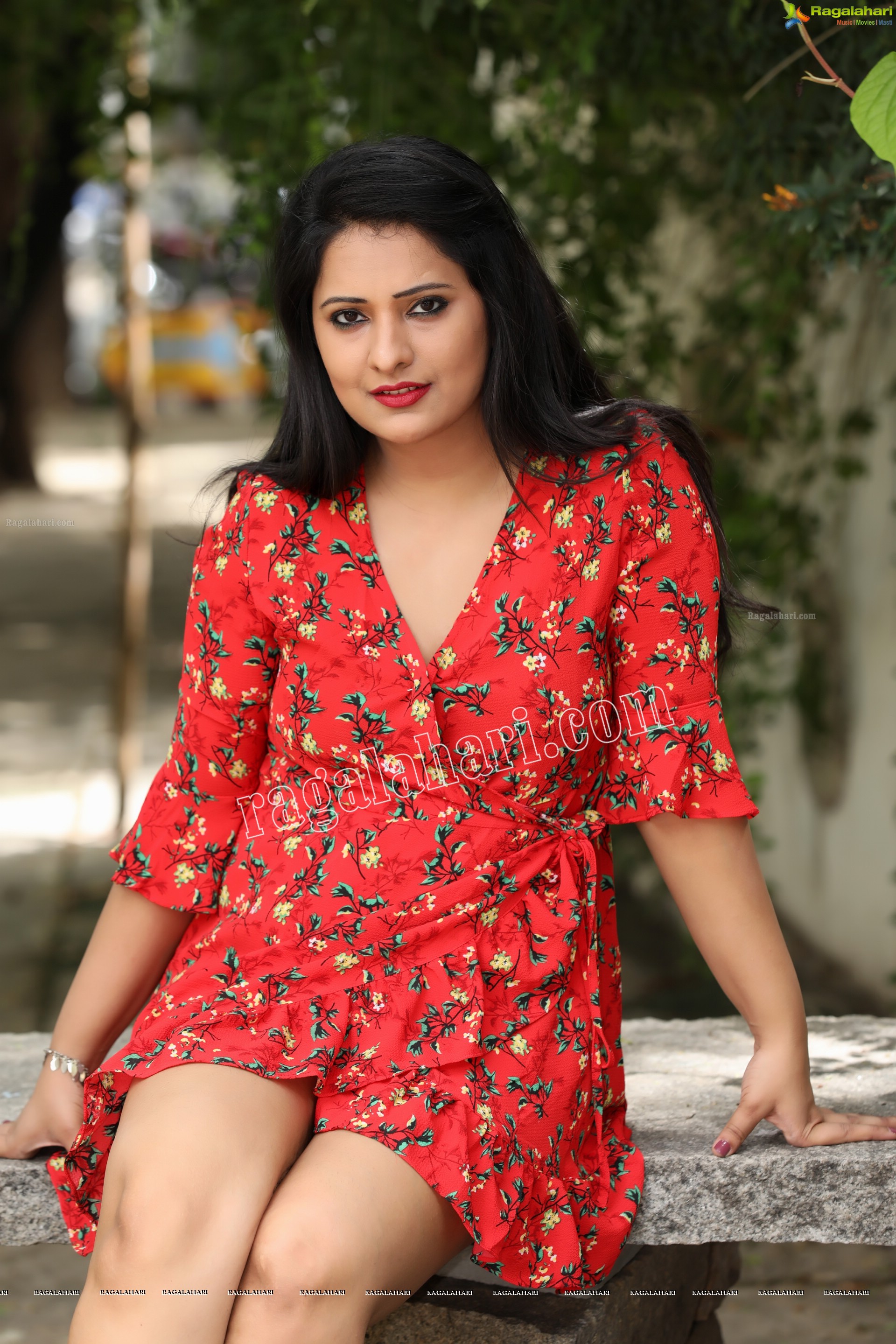 Nikita Bisht in Red Floral Tie Front Tunic Mini Dress Exclusive Photo Shoot