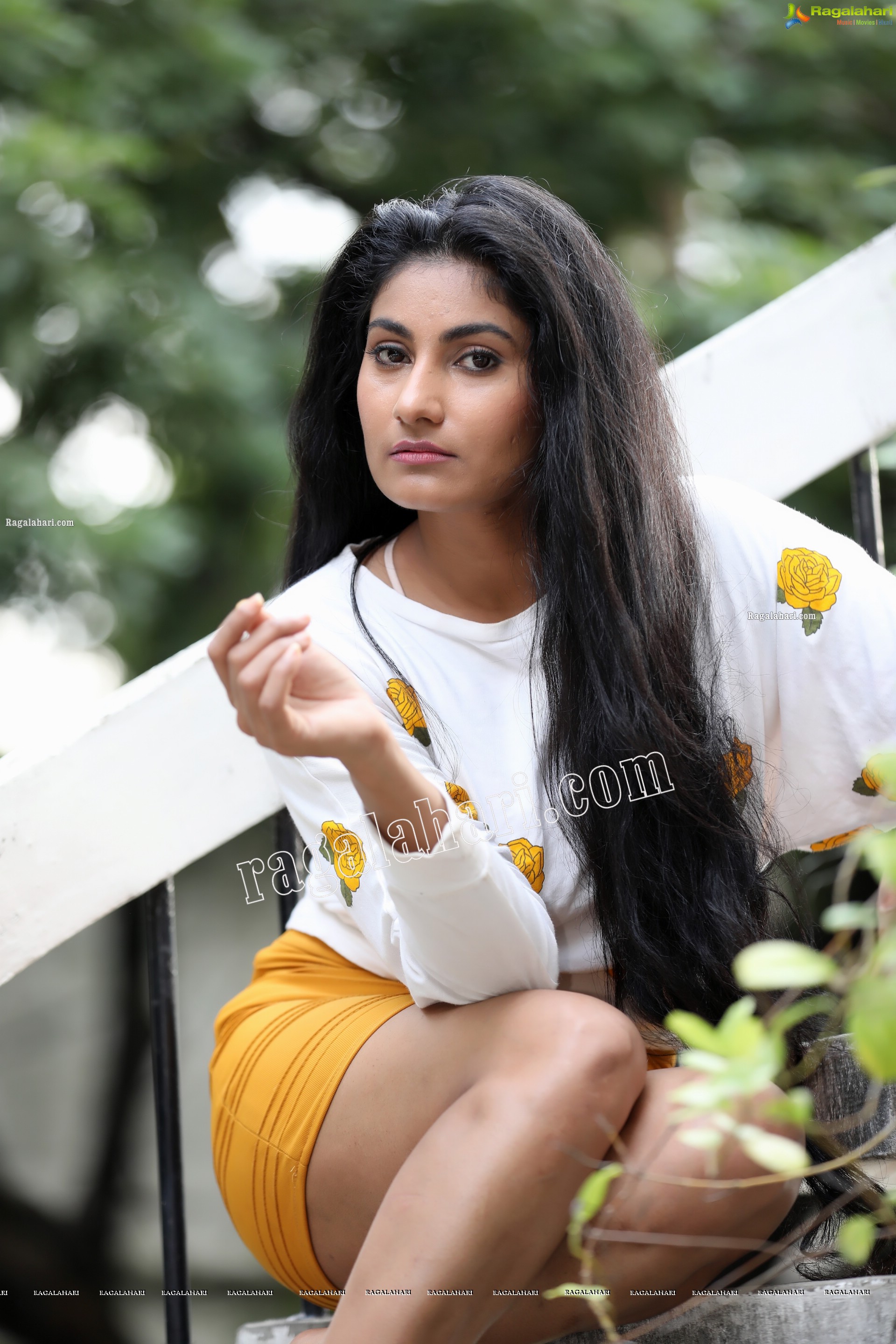 Saafi Kaur in Yellow Mini Skirt and White Floral Top Exclusive Photo Shoot