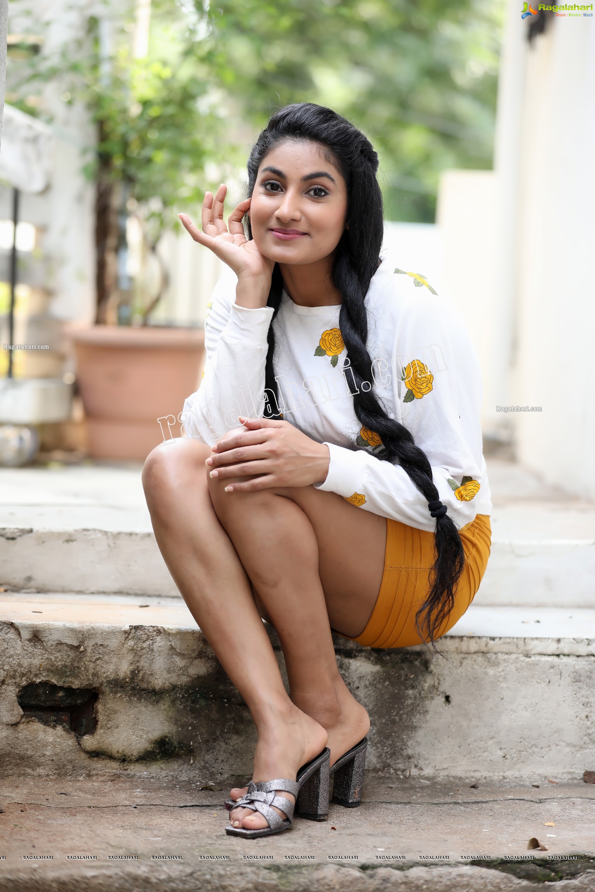 Saafi Kaur in Yellow Mini Skirt and White Floral Top Exclusive Photo Shoot