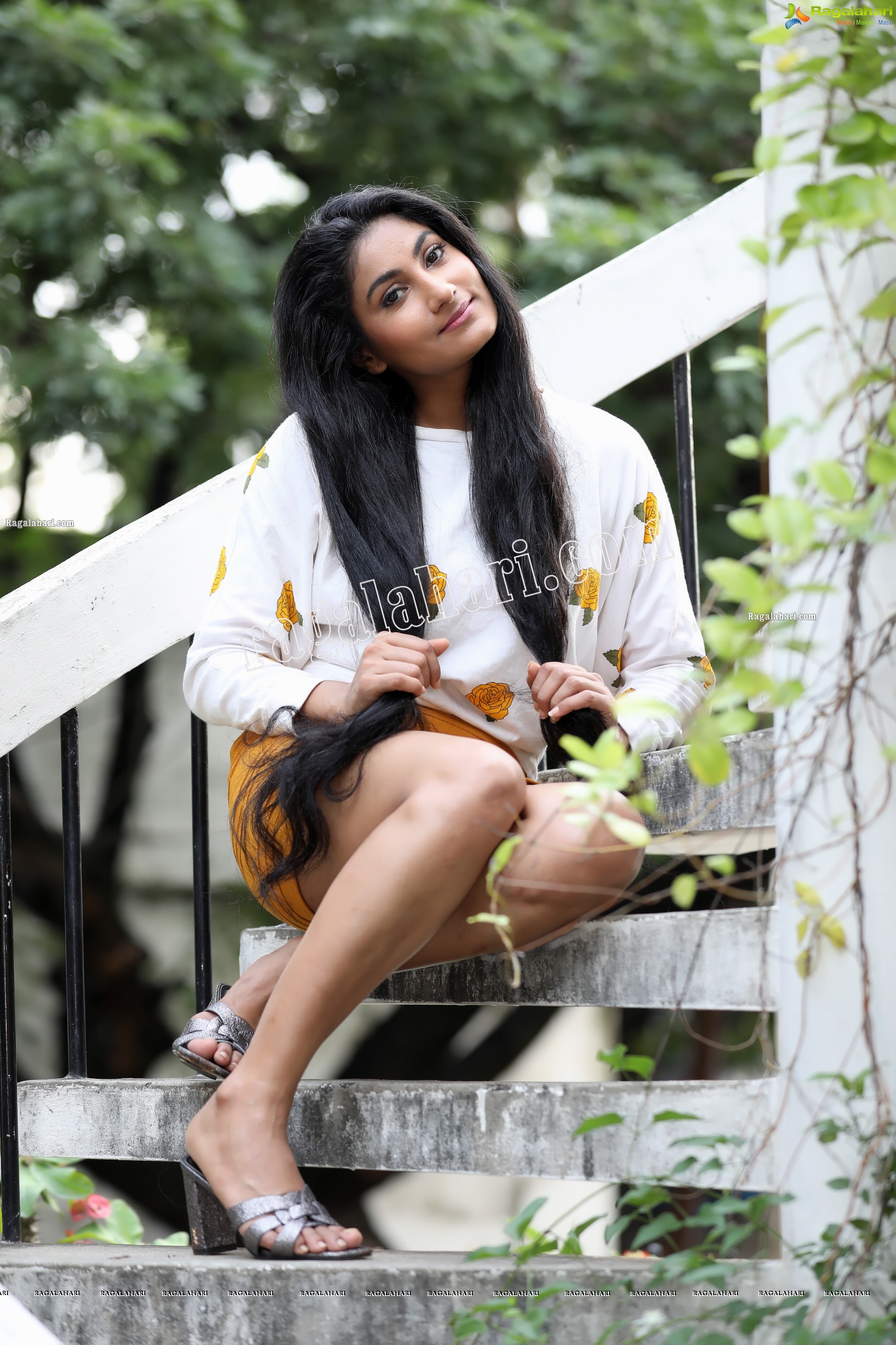 Saafi Kaur in Yellow Mini Skirt and White Floral Top Exclusive Photo Shoot