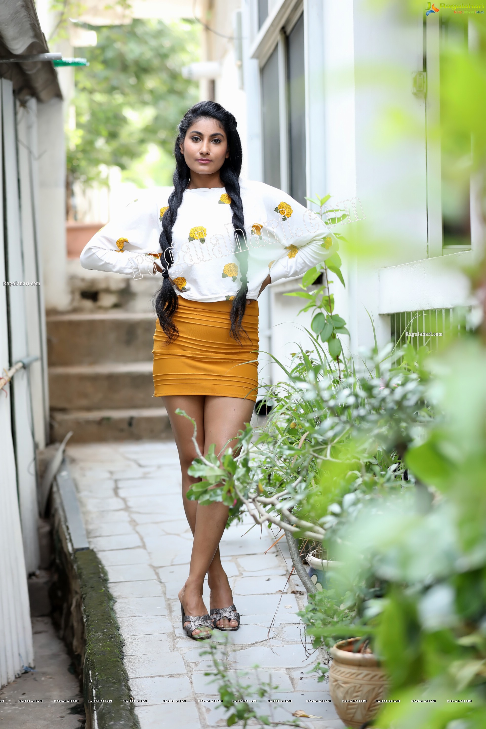 Saafi Kaur in Yellow Mini Skirt and White Floral Top Exclusive Photo Shoot