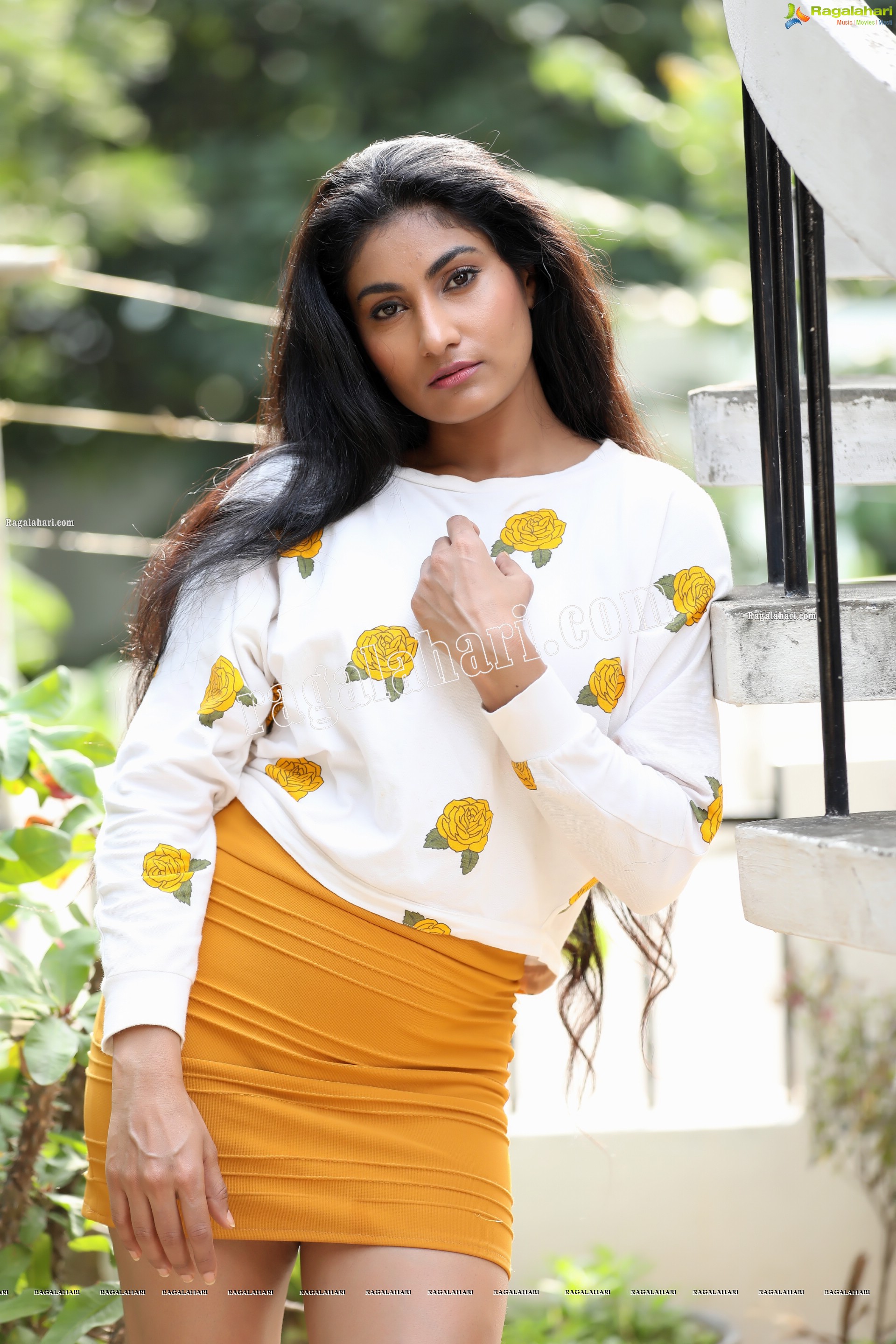 Saafi Kaur in Yellow Mini Skirt and White Floral Top Exclusive Photo Shoot