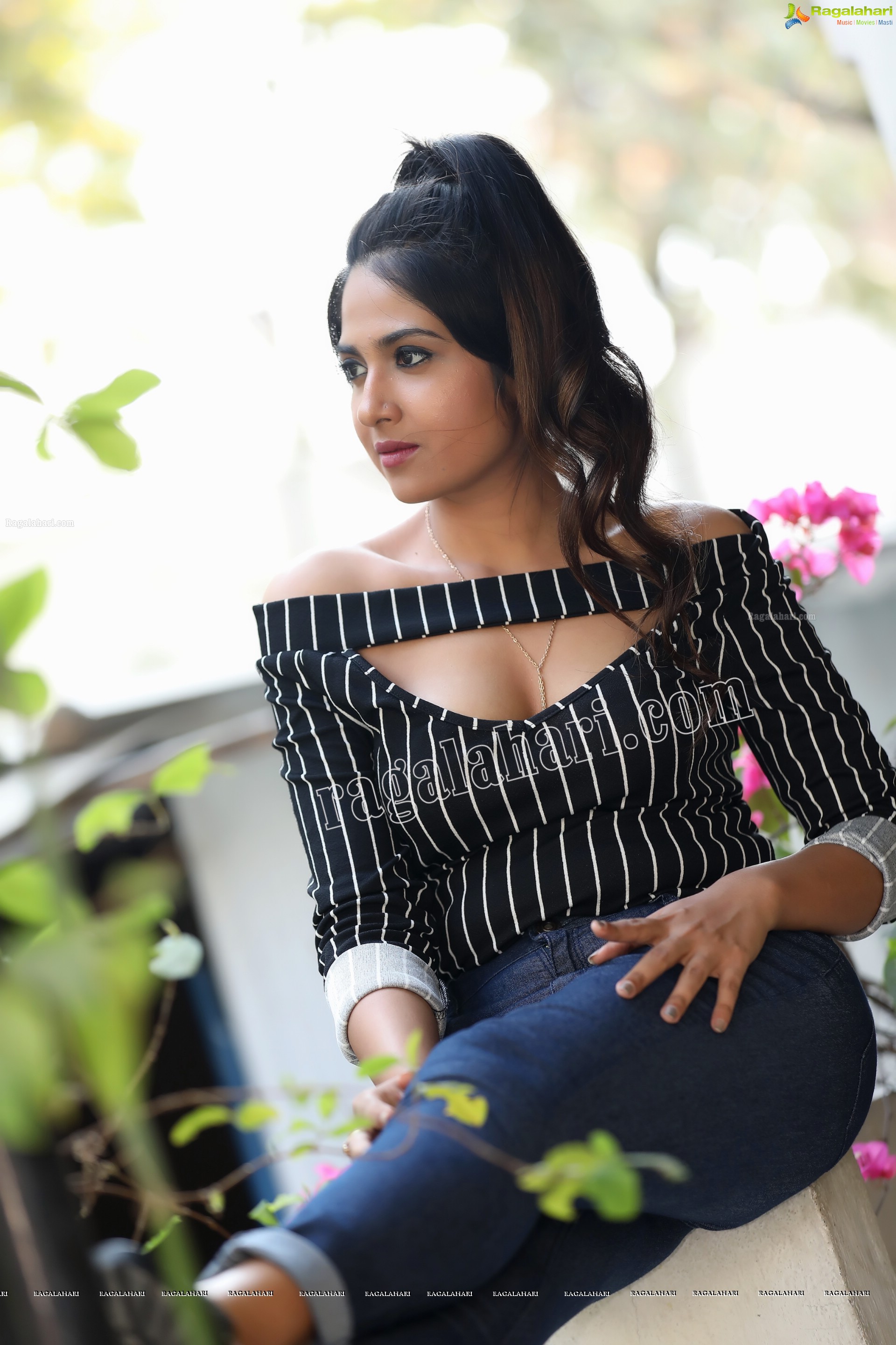 Simar Singh in Black Stripped Cutout Top and Jeans Exclusive Photo Shoot