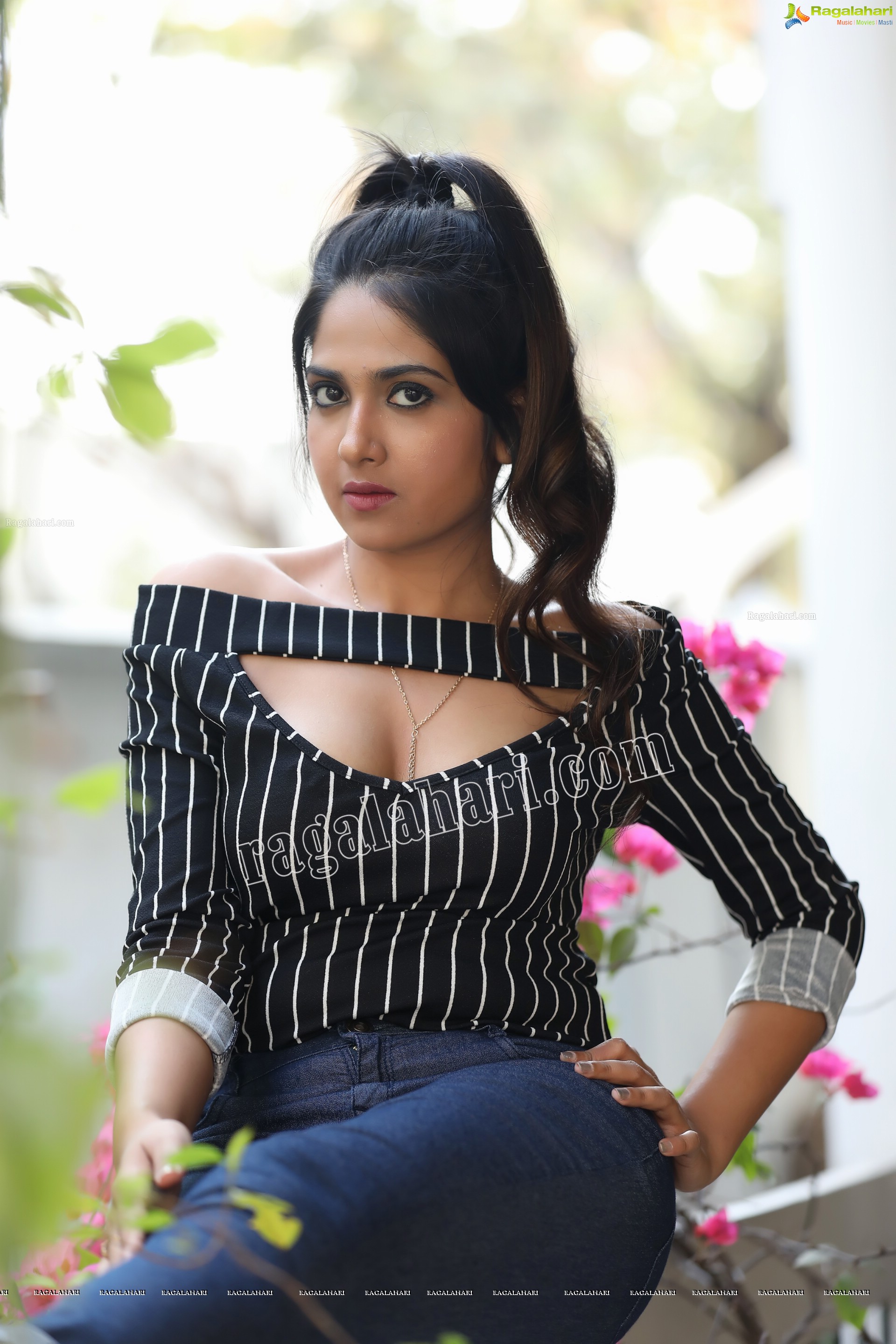 Simar Singh in Black Stripped Cutout Top and Jeans Exclusive Photo Shoot