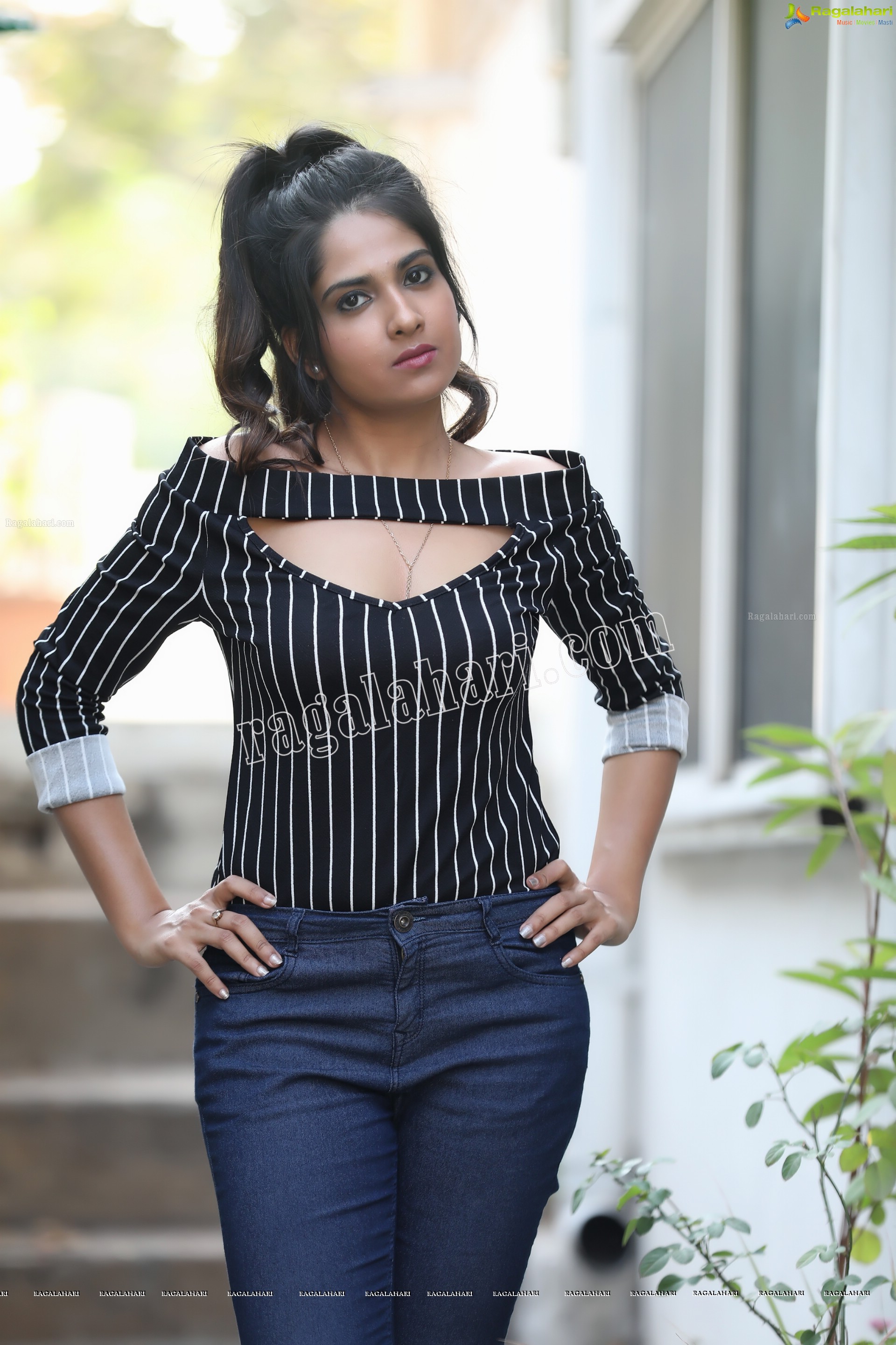 Simar Singh in Black Stripped Cutout Top and Jeans Exclusive Photo Shoot