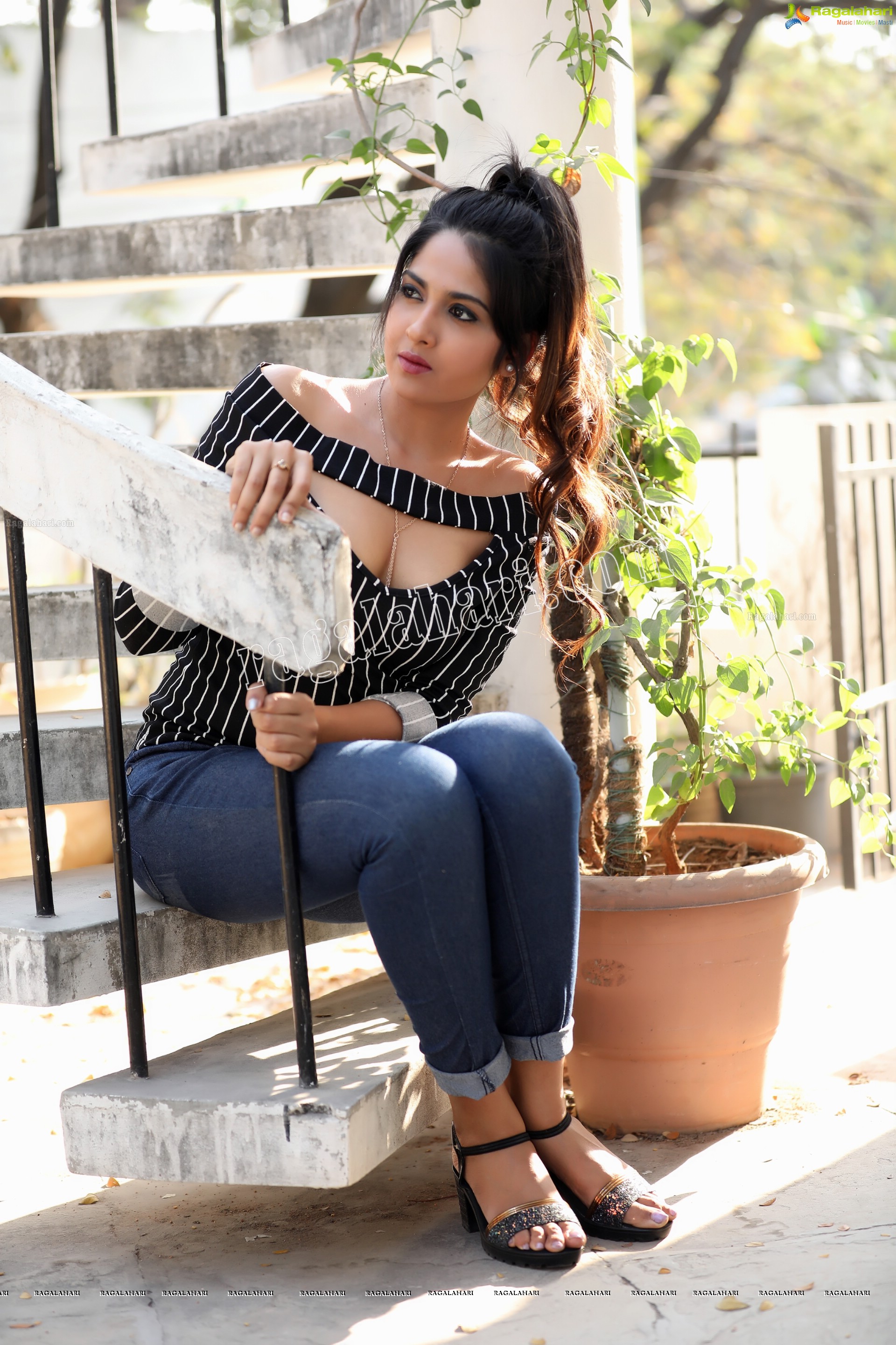Simar Singh in Black Stripped Cutout Top and Jeans Exclusive Photo Shoot