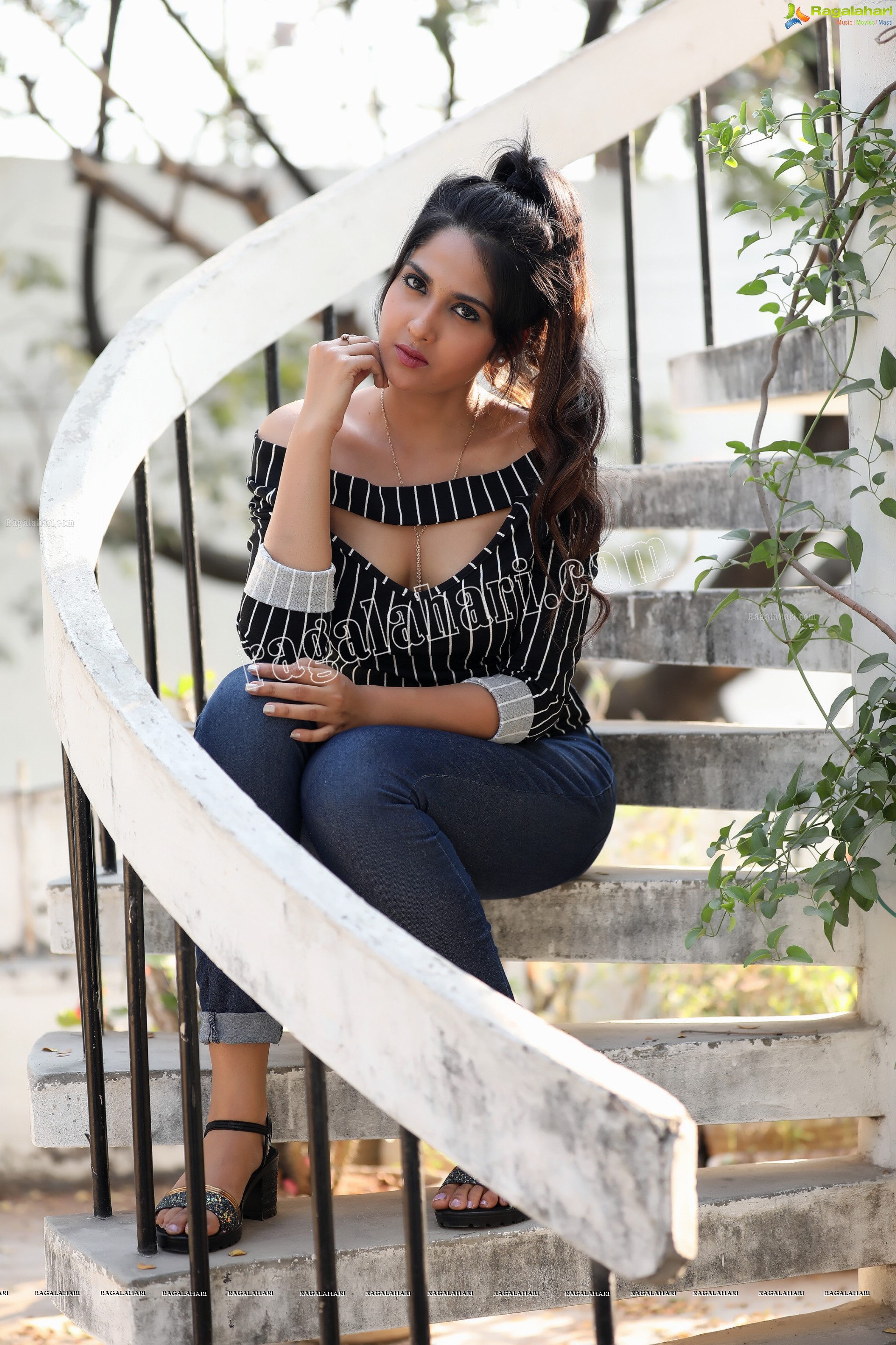 Simar Singh in Black Stripped Cutout Top and Jeans Exclusive Photo Shoot