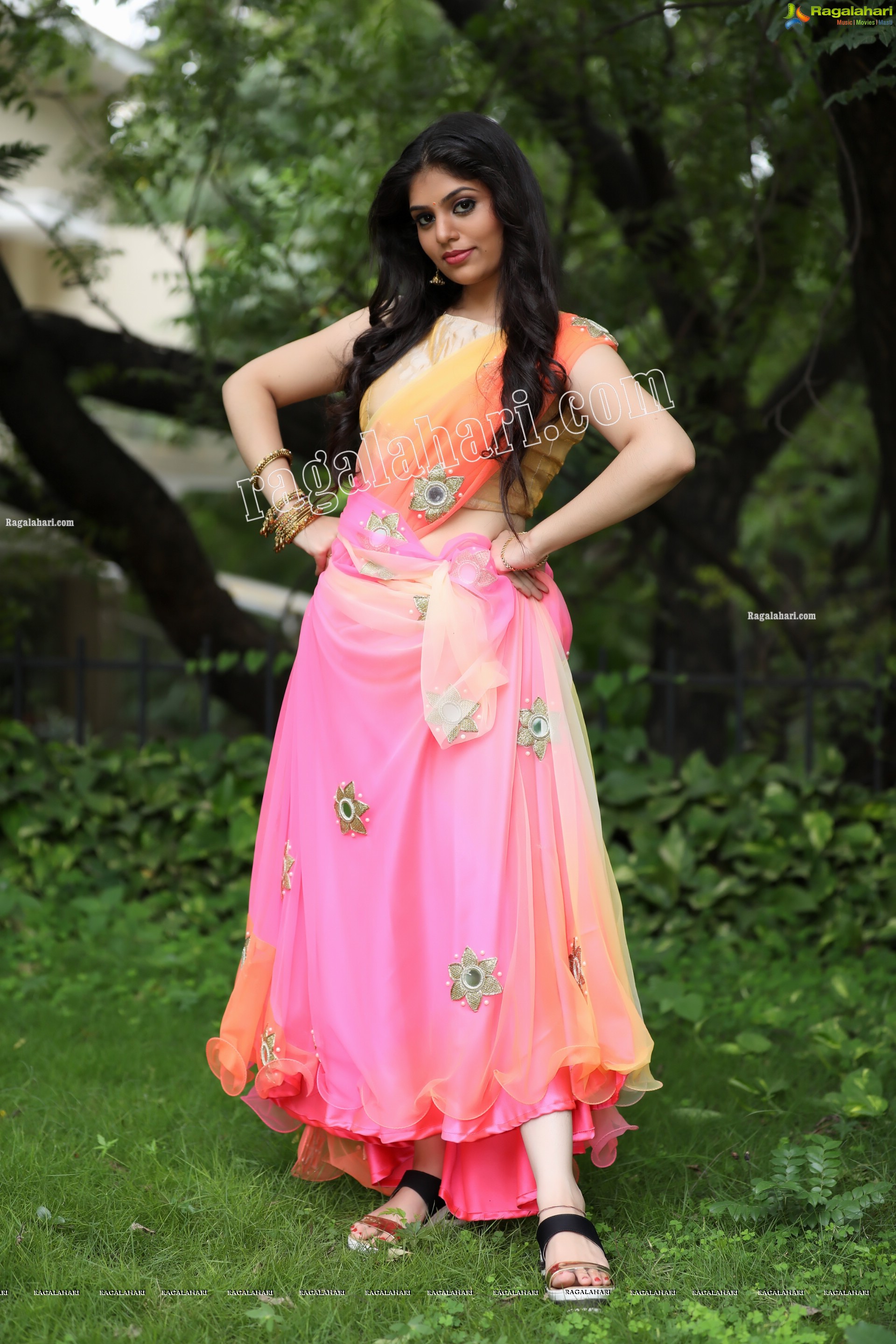 Viswa Sri Bandhavi in Pink and Orange Lehenga Choli Exclusive Photo Shoot