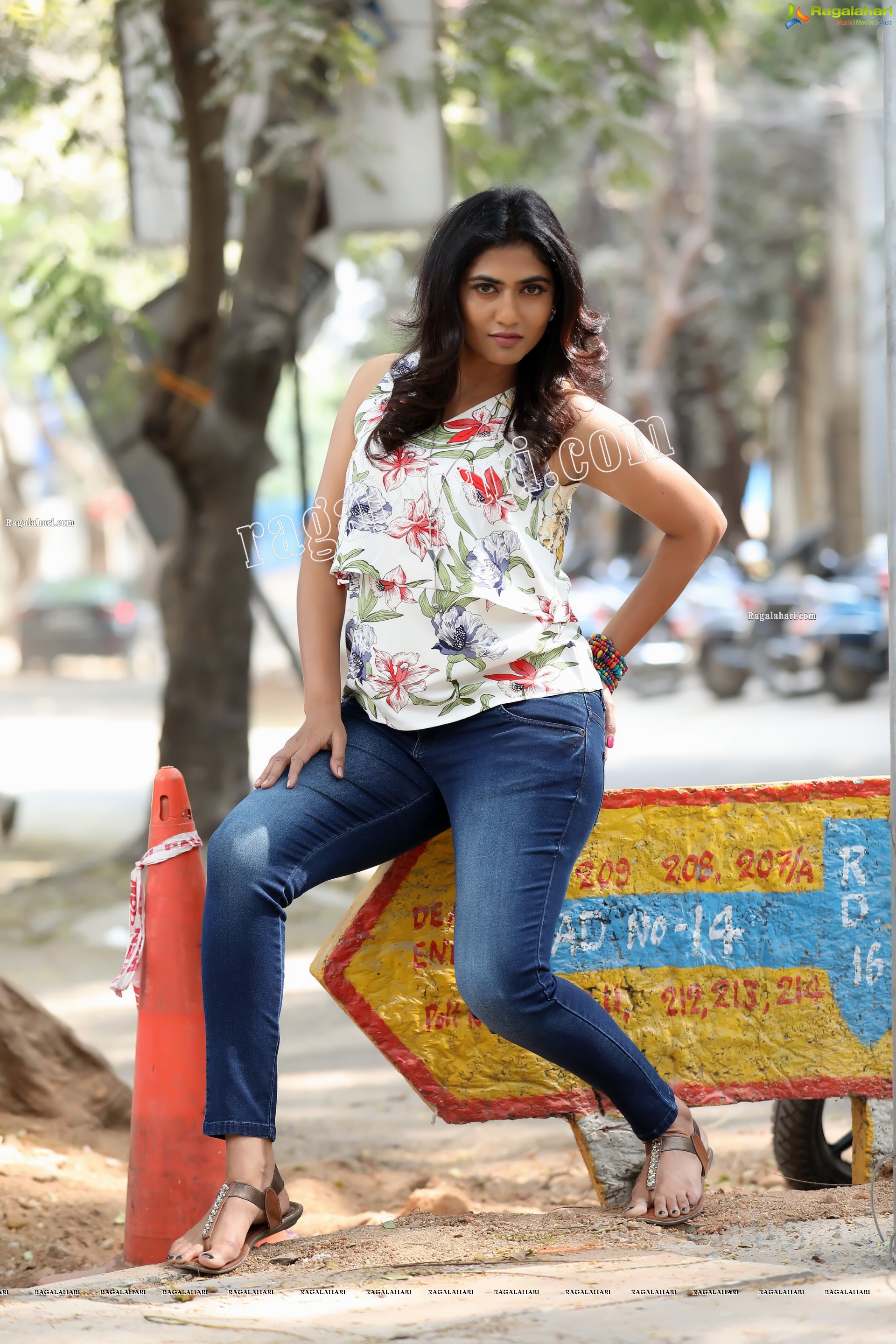 Raja Kumari YN in White Floral Printed Top and Jeans Exclusive Photo Shoot