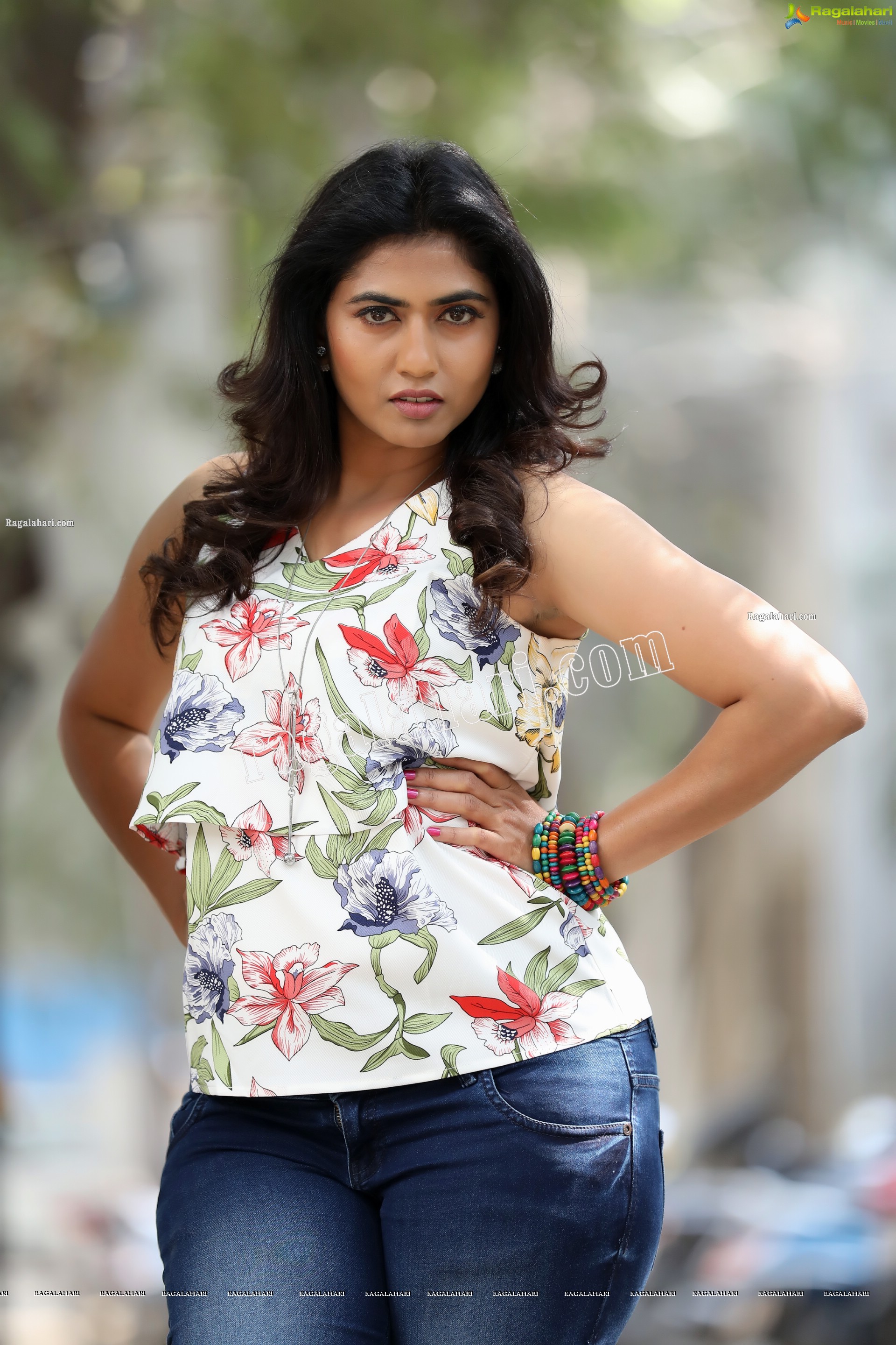 Raja Kumari YN in White Floral Printed Top and Jeans Exclusive Photo Shoot