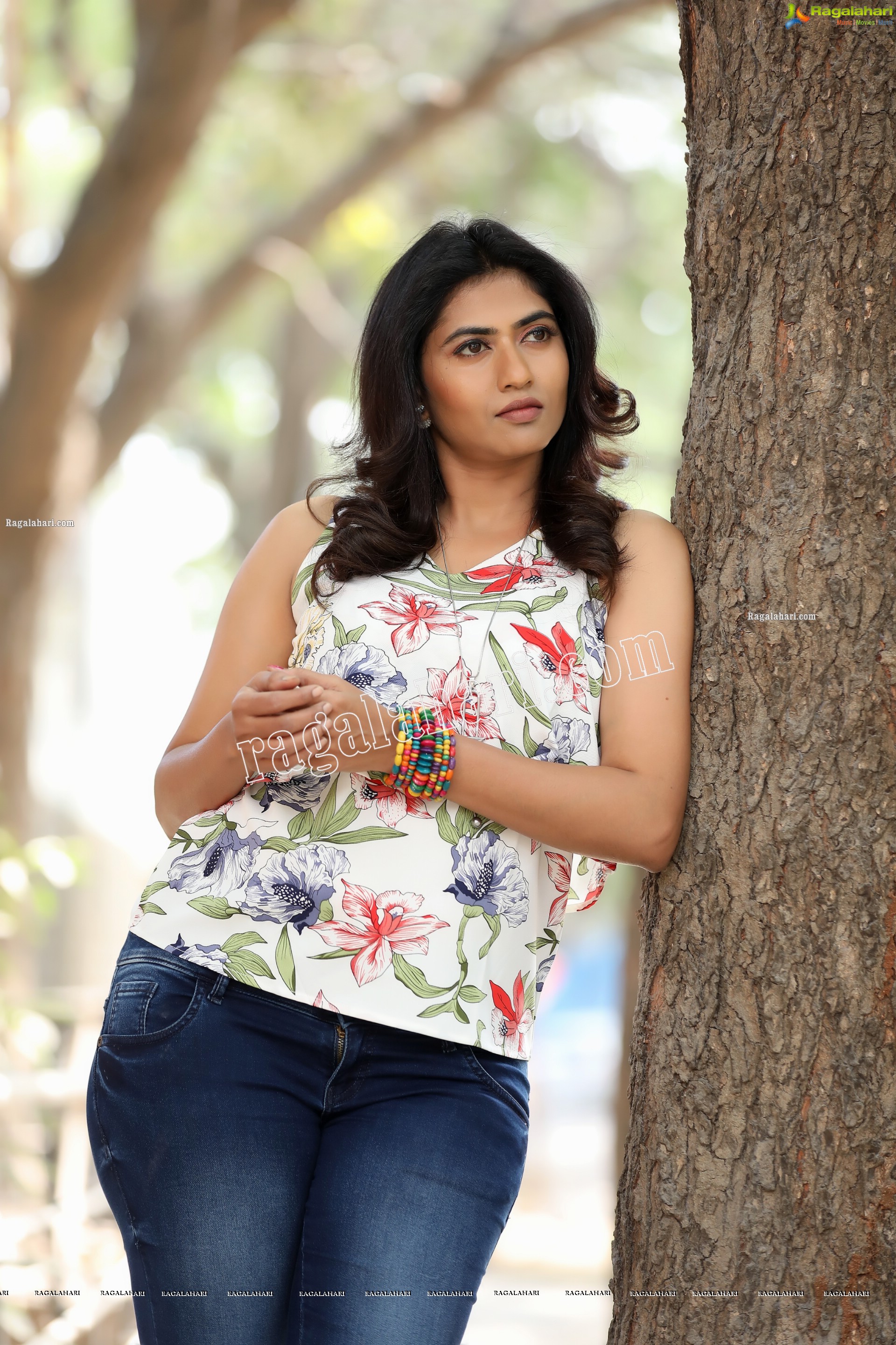 Raja Kumari YN in White Floral Printed Top and Jeans Exclusive Photo Shoot