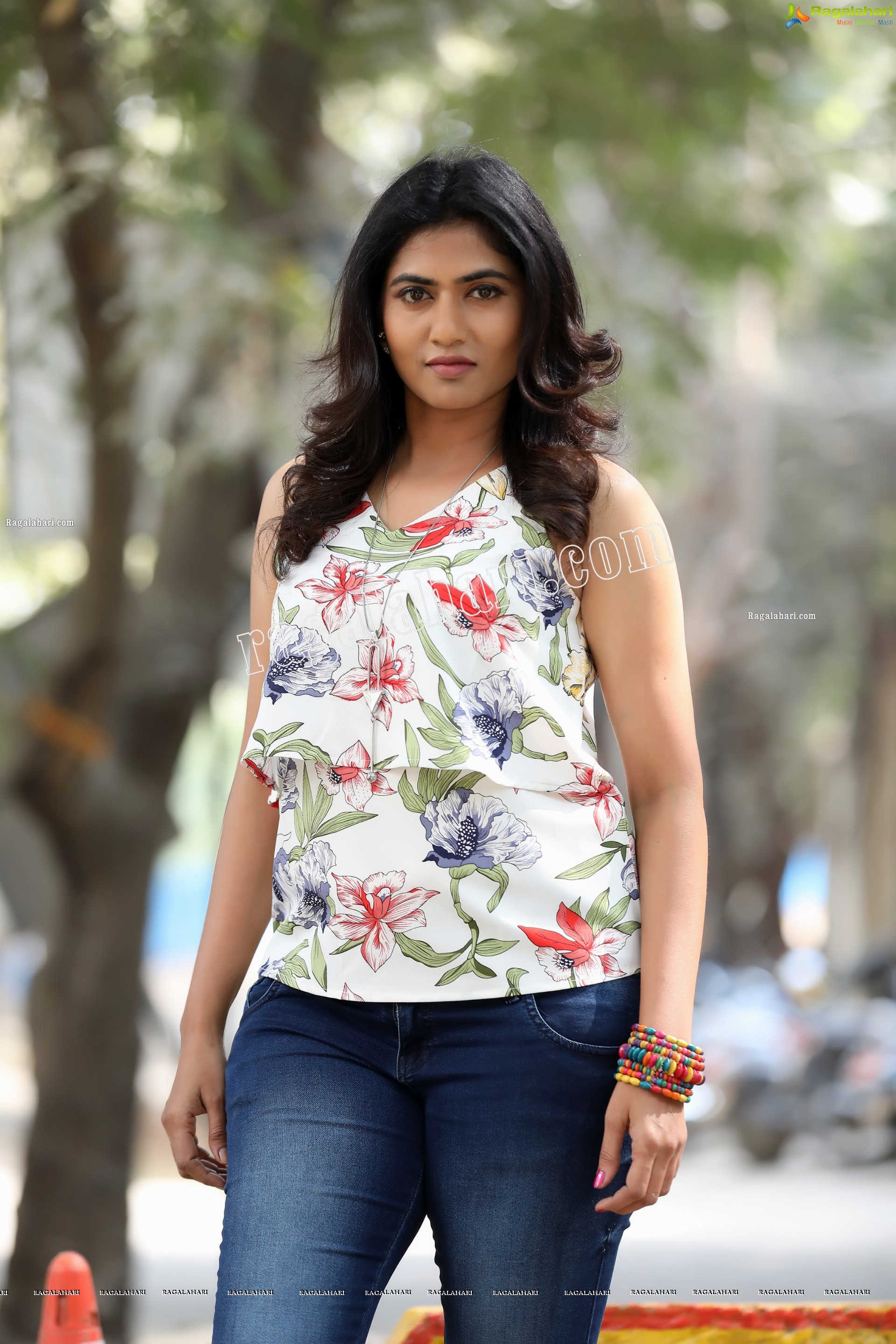 Raja Kumari YN in White Floral Printed Top and Jeans Exclusive Photo Shoot