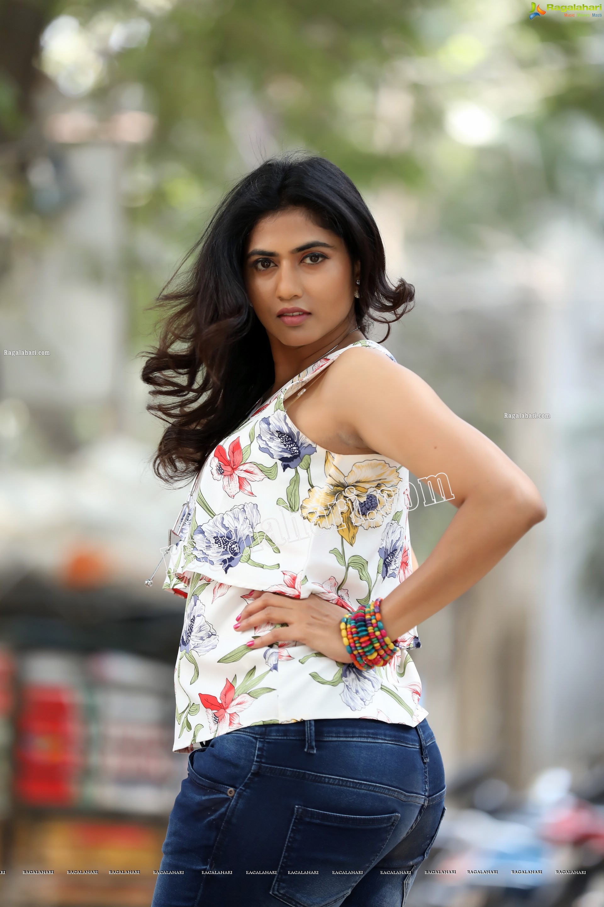 Raja Kumari YN in White Floral Printed Top and Jeans Exclusive Photo Shoot