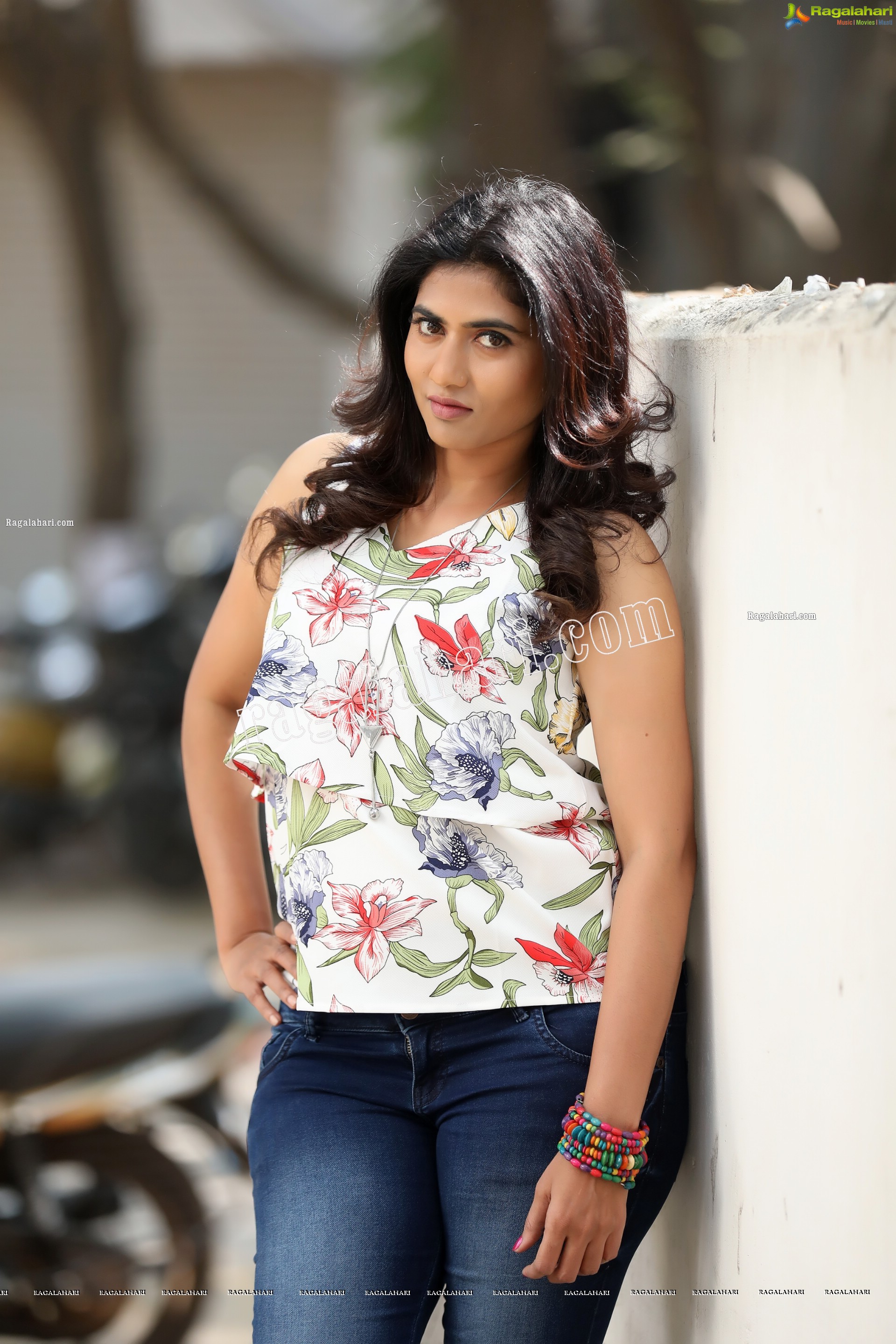 Raja Kumari YN in White Floral Printed Top and Jeans Exclusive Photo Shoot