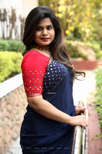 Alekhya Kondapalli in Navy Blue Embellished Saree