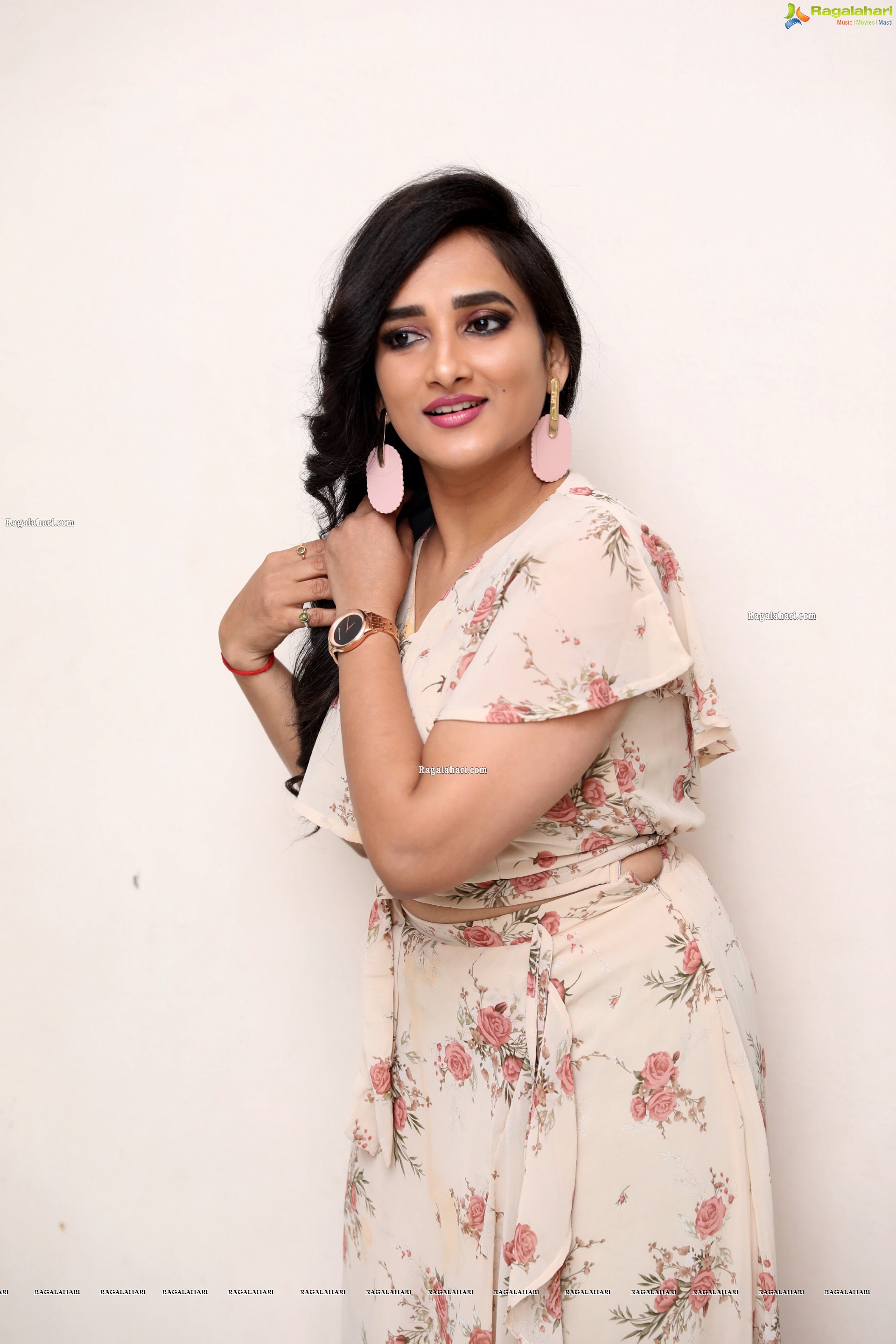 Madhu Krishnan in Beige Floral Frill Dress, HD Photo Gallery